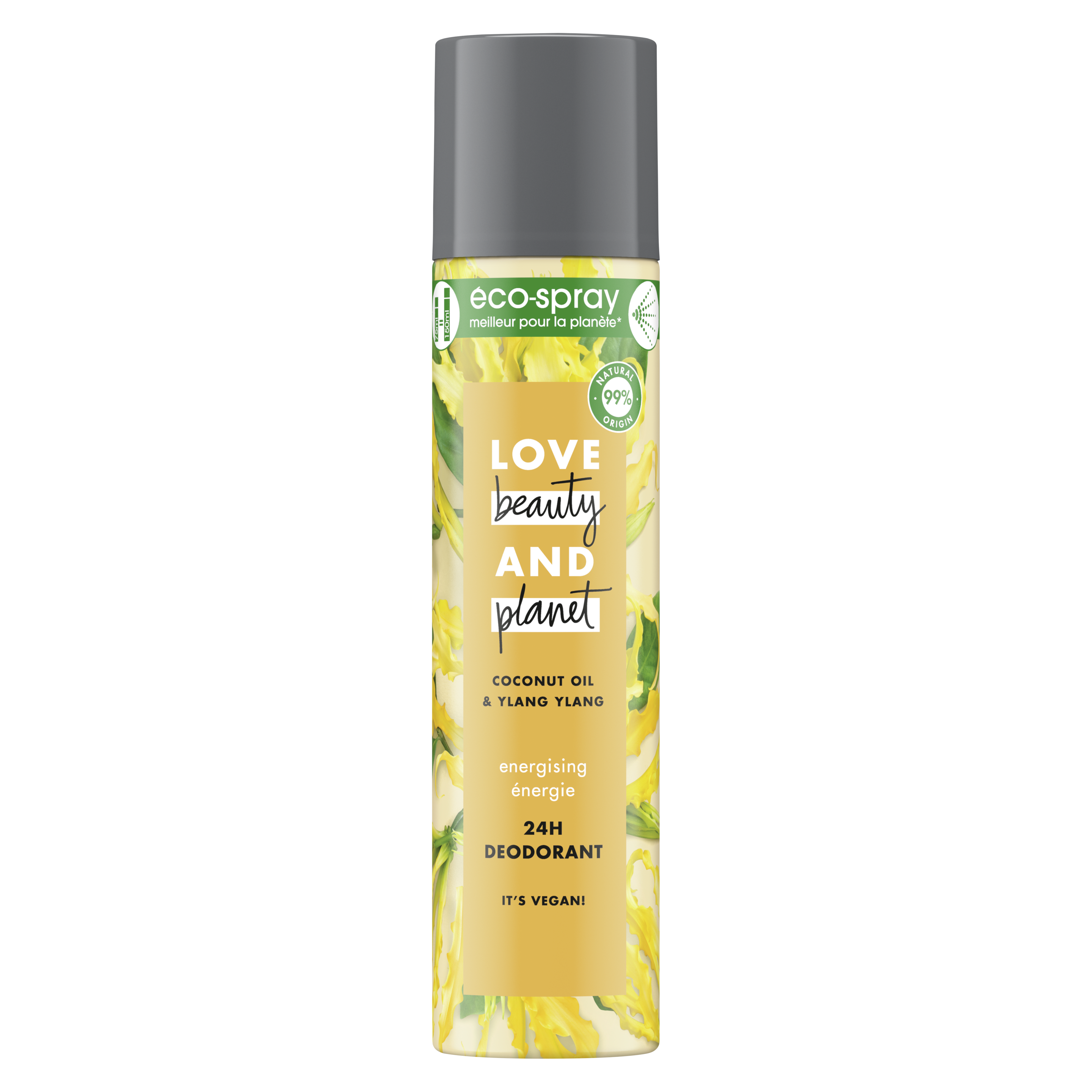 Voorkant verpakking Love Beauty and Planet Coconut Oil & Ylang Ylang Deodorant verrijkt met kokosolie en ylang ylang Energizing Eco-spray