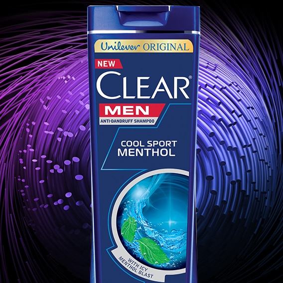 Front of shampoo pack Clear Men Cool Sport Menthol Shampoo 180ml Text