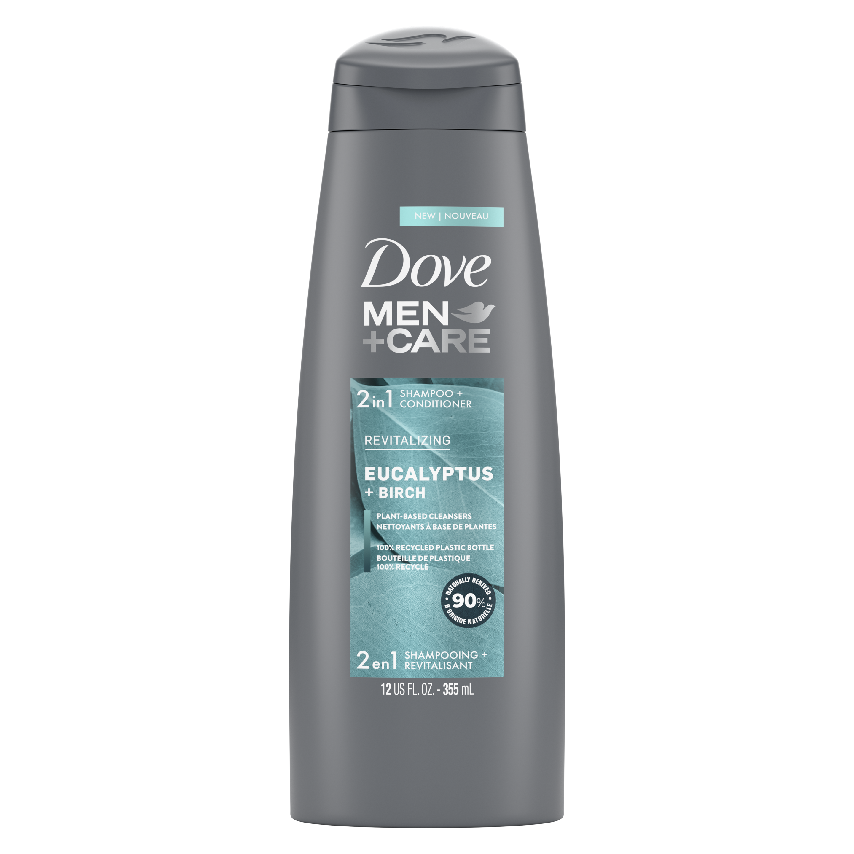 Étiquette de front du shampooing + revitalisant 2 en 1 Dove Men+Care Eucalyptus + Birch 12 oz