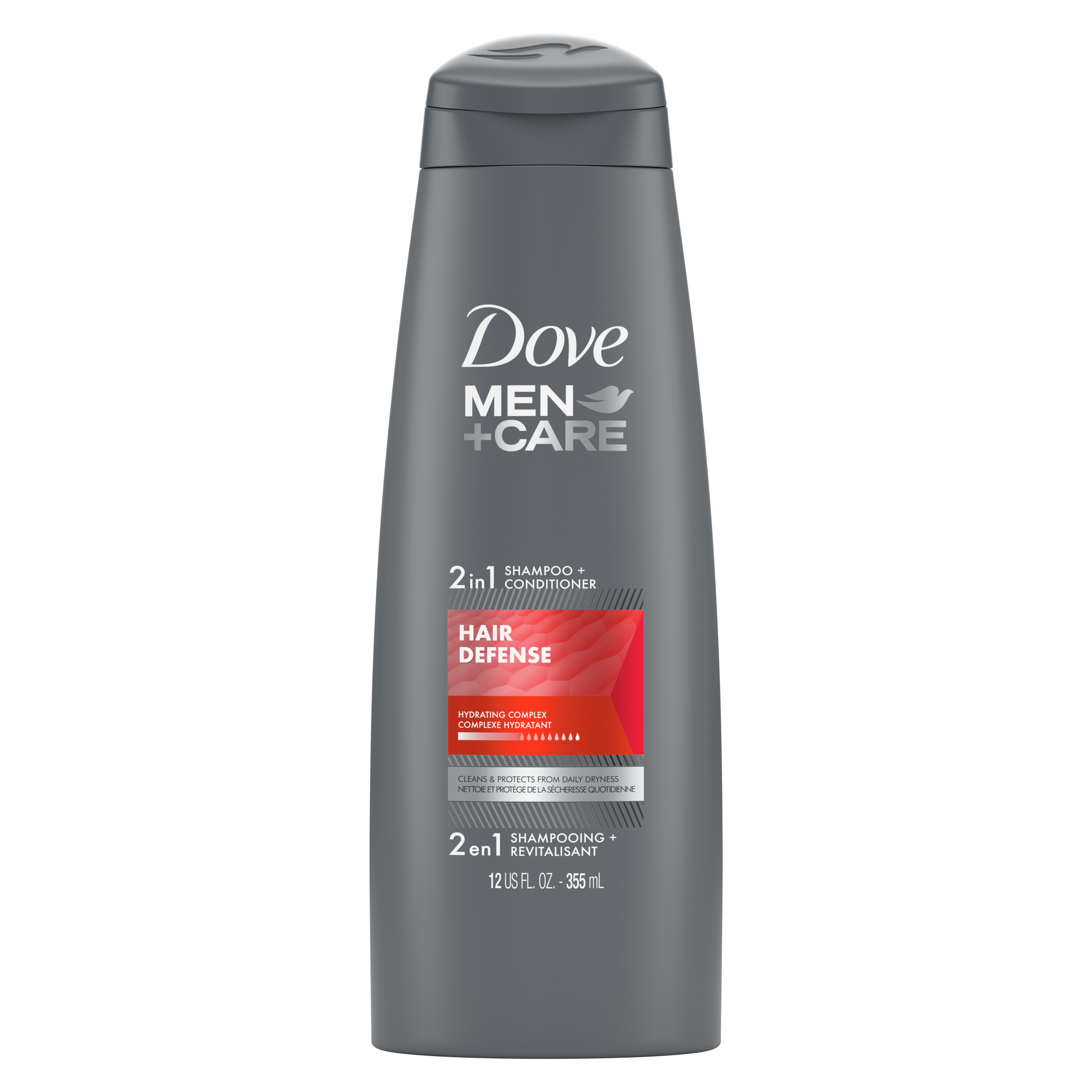 Étiquette de front du shampooing + revitalisant 2 en 1 Dove Men+Care Hair Defense 12 oz