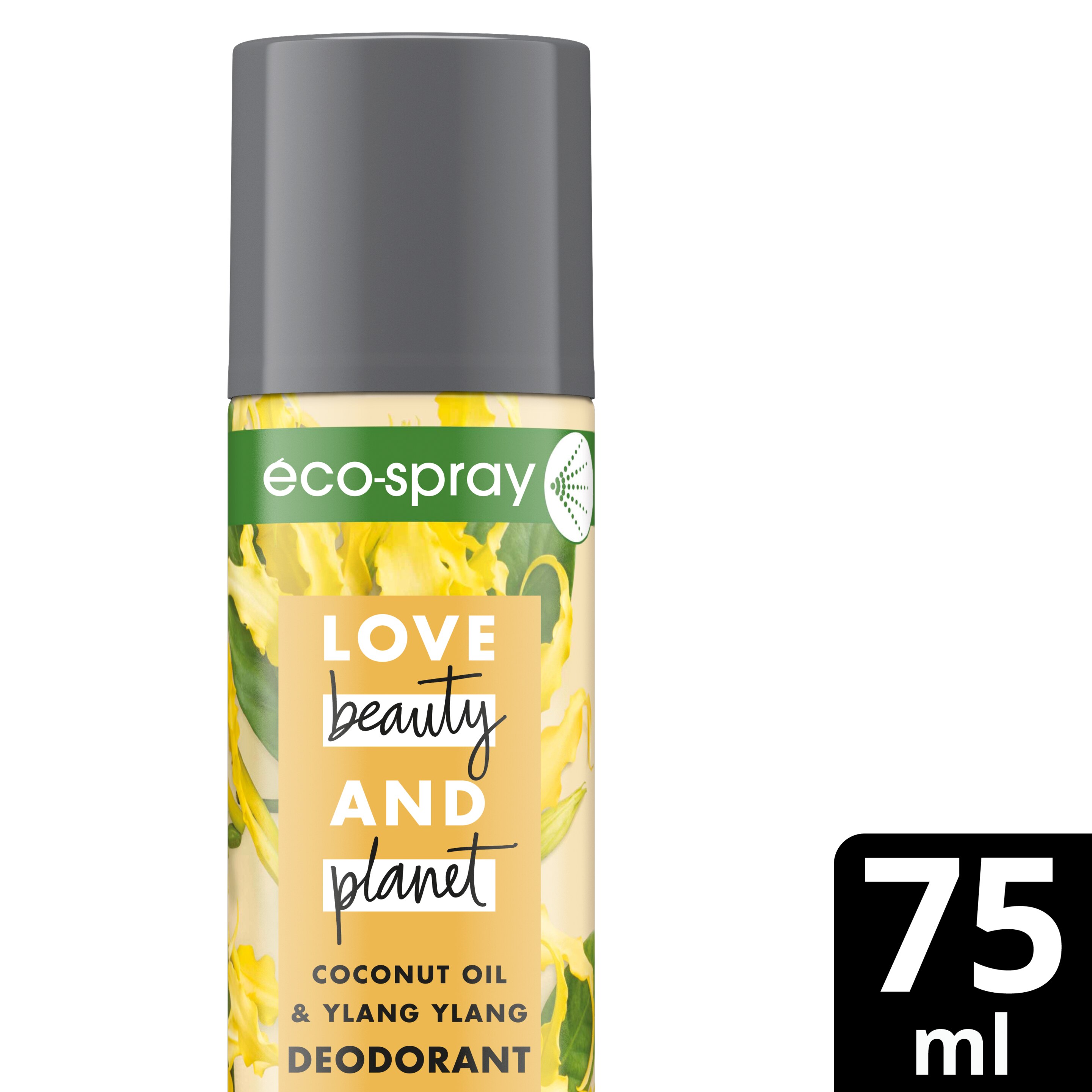 Achterkant verpakkingLove Beauty and Planet Coconut Oil & Ylang Ylang Deodorant verrijkt met kokosolie en ylang ylang Energizing Eco-spray