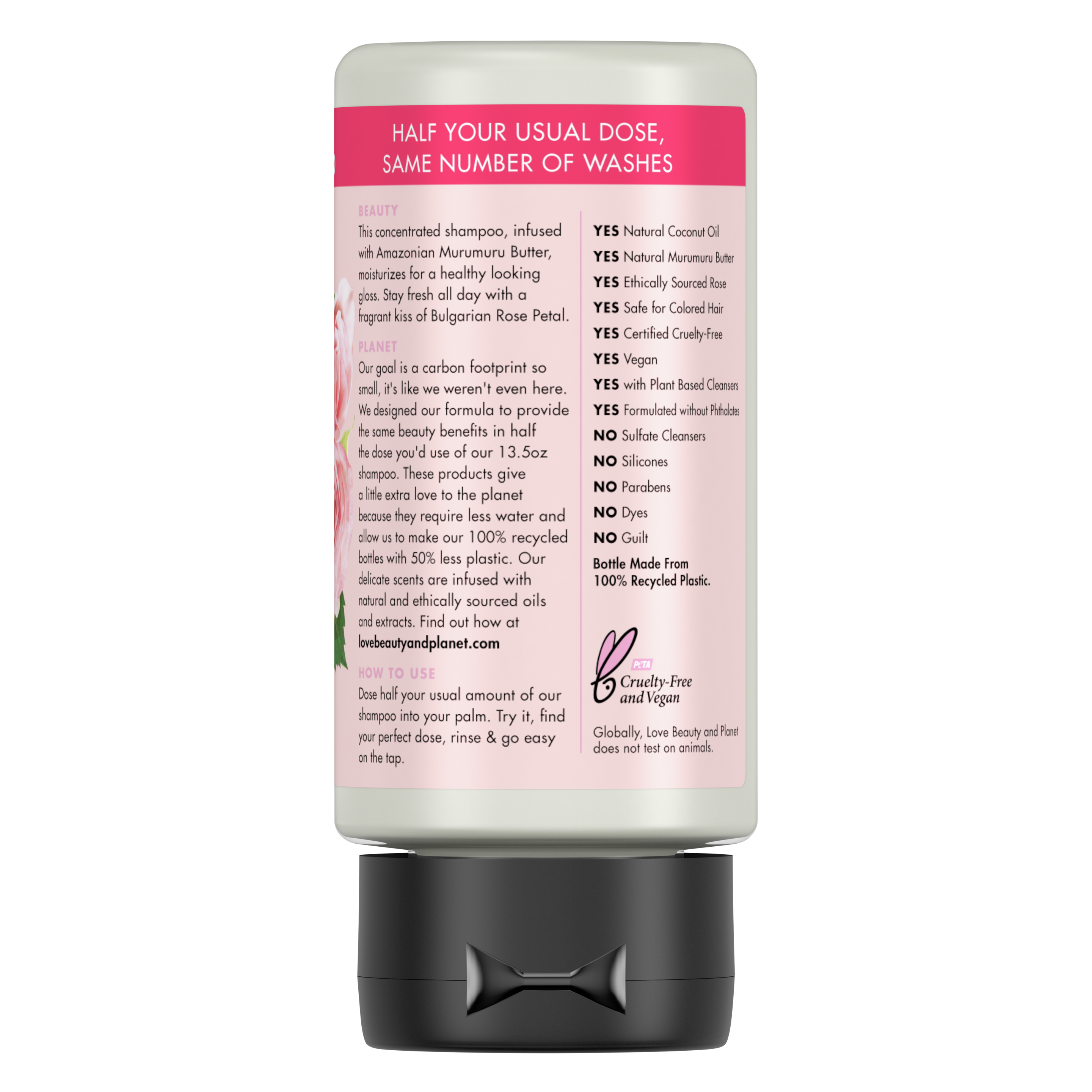 Back of shampoo pack Love Beauty Planet Sulfate Free Murumuru Butter & Rose Concentrated Shampoo 6.75oz
