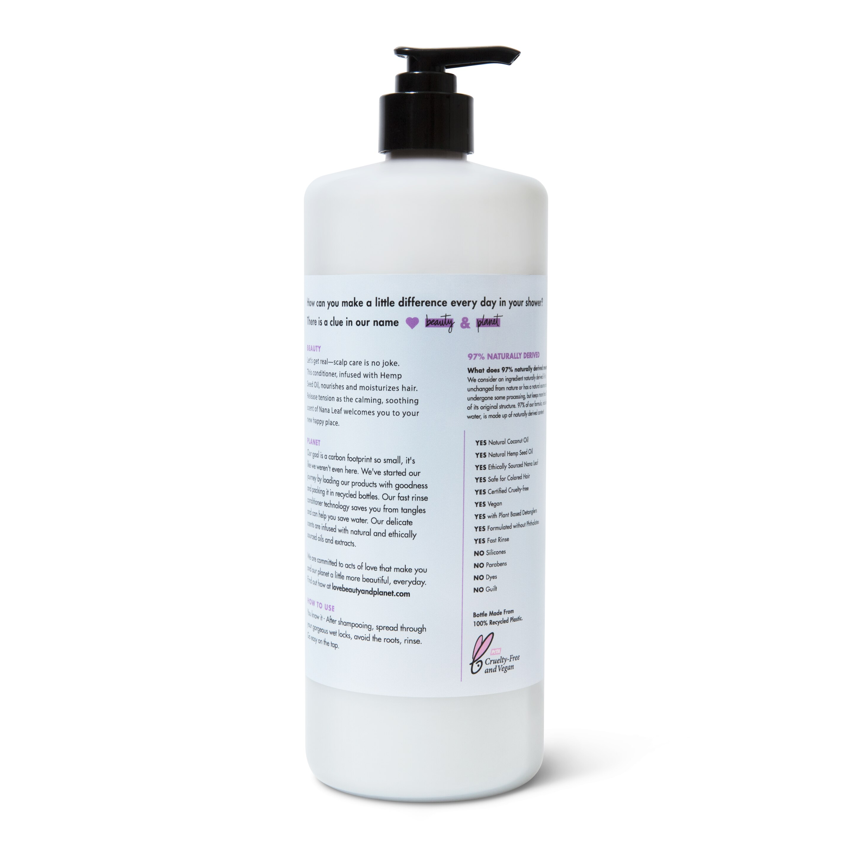 Back of conditioner pack Love Beauty and Planet Hemp Seed Oil & Nana Leaf