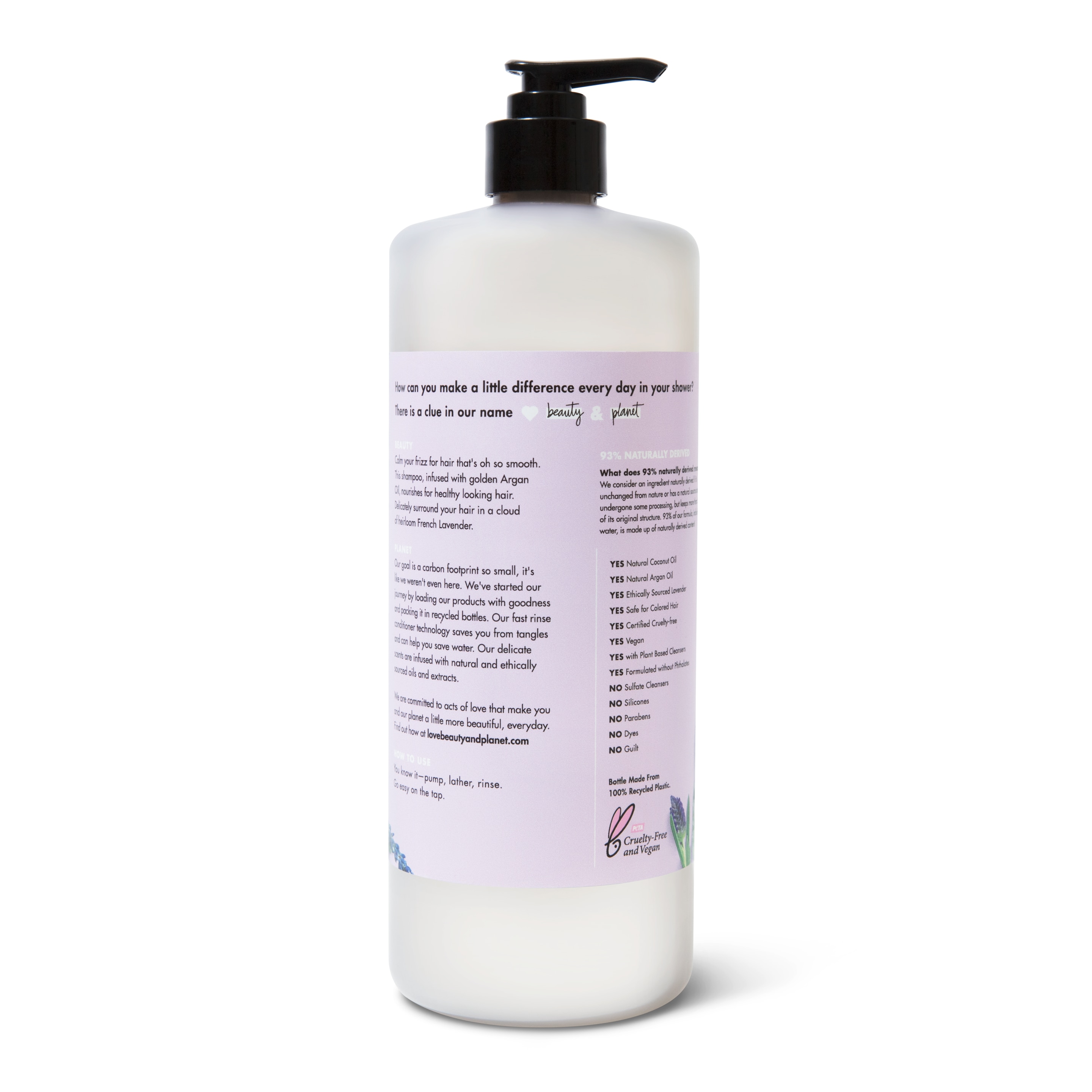 Back of shampoo pack Love Beauty Planet Sulfate Free Argan Oil & Lavender Shampoo Smooth & Serene 32.3oz