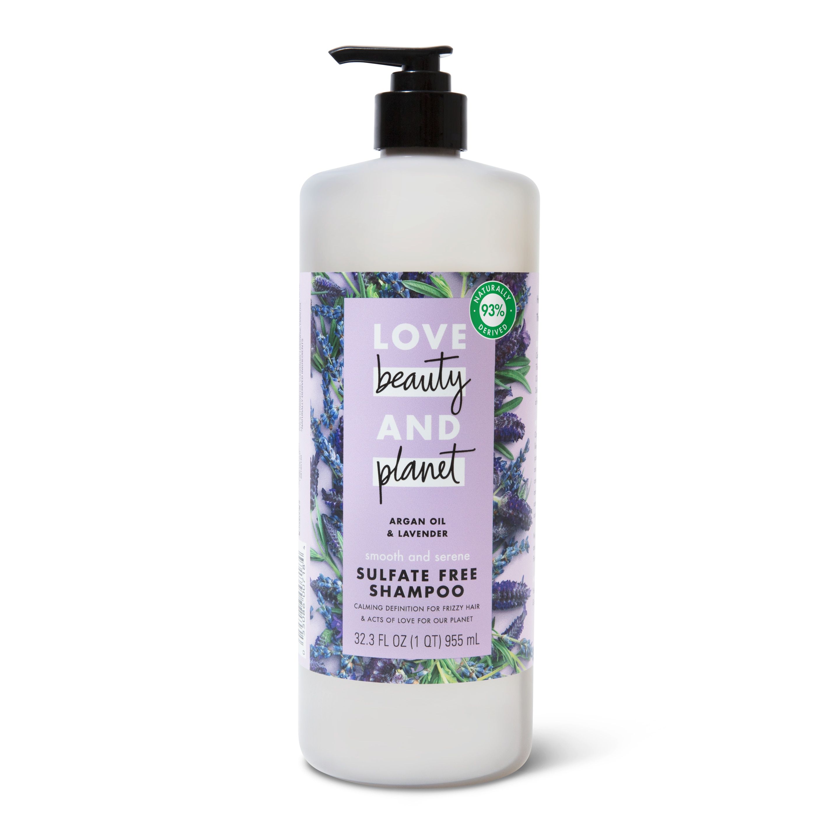 Front of shampoo pack Love Beauty Planet Sulfate Free Argan Oil & Lavender Shampoo Smooth & Serene 32.3oz