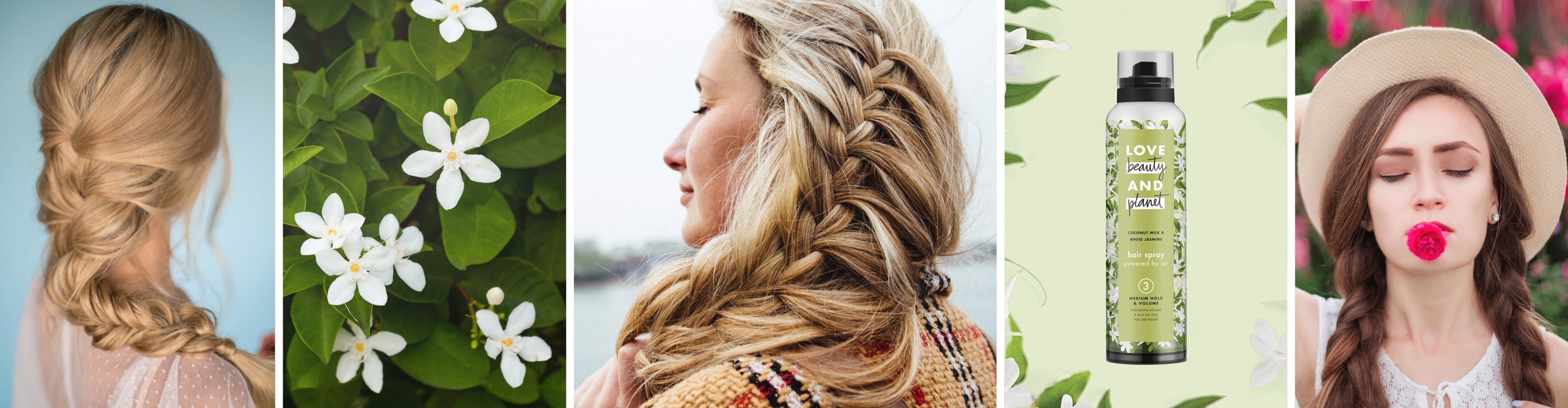 French braid Tutorial: Header Image of a Woman with a French Braid and Love Beauty and Planet Hair Spray