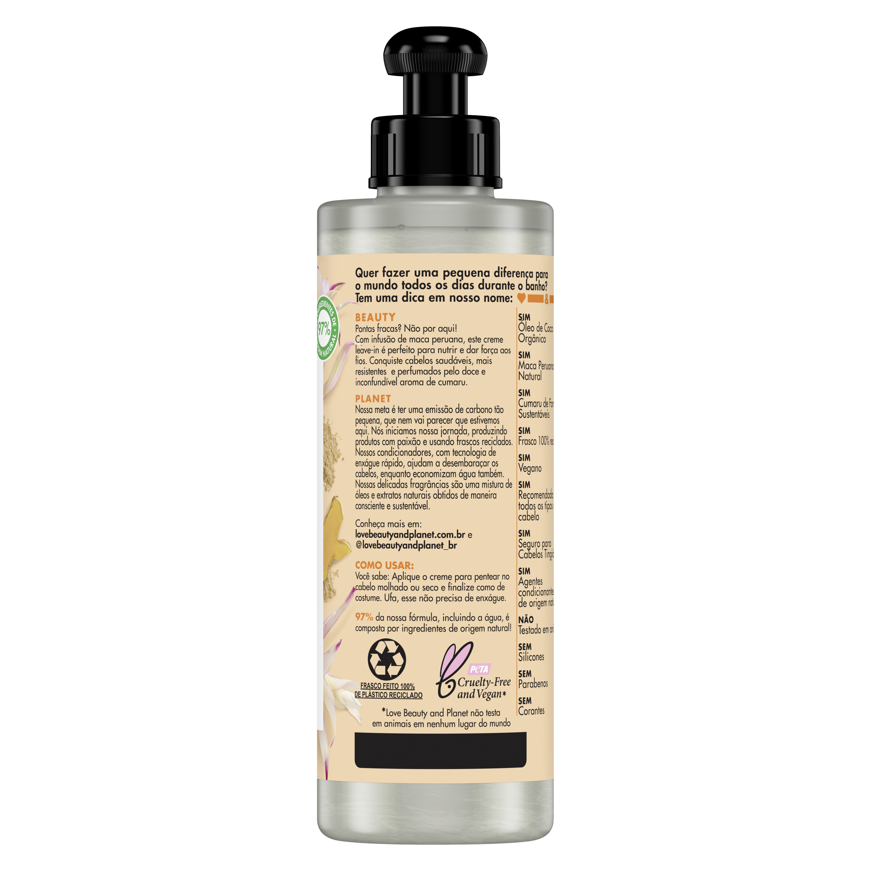 Parte de trás de frasco do creme para pentear LBP lado direito no fundo branco