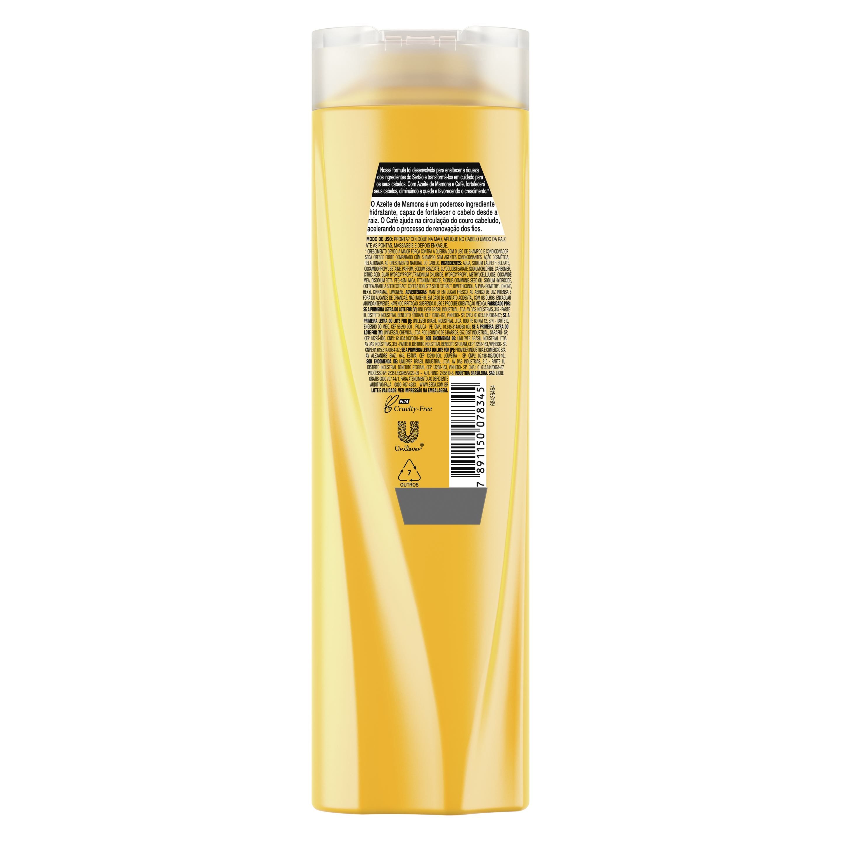 Uma imagem traseira da embalagem de Shampoo Seda Jóias do Sertão Cresce Forte! 325ml