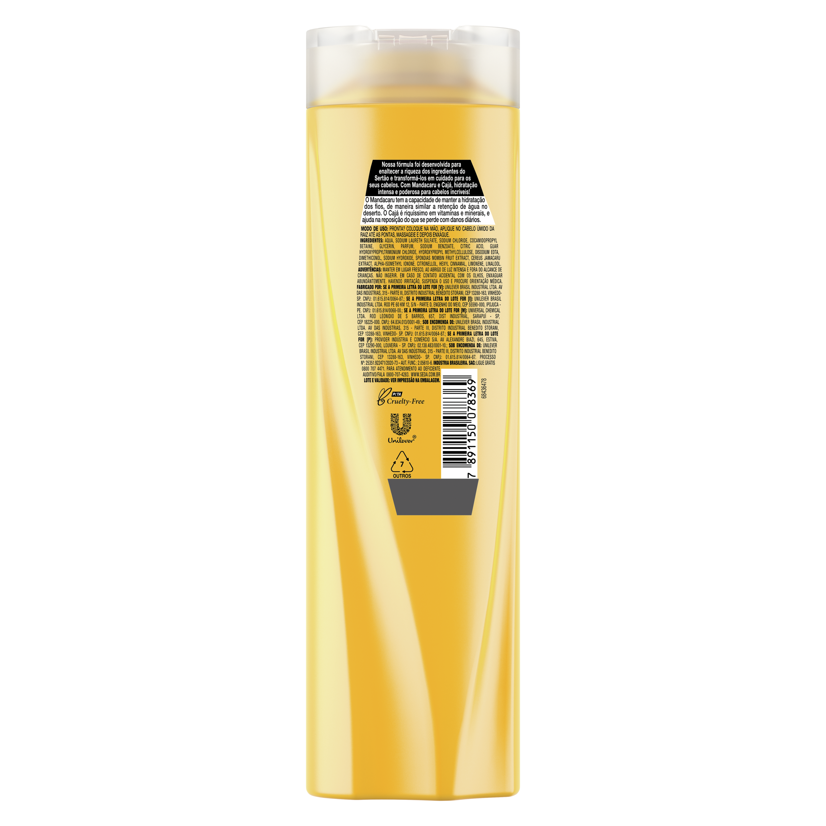 Uma imagem traseira da embalagem de Shampoo Seda Jóias do Sertão Hidrata Muito! 325ml