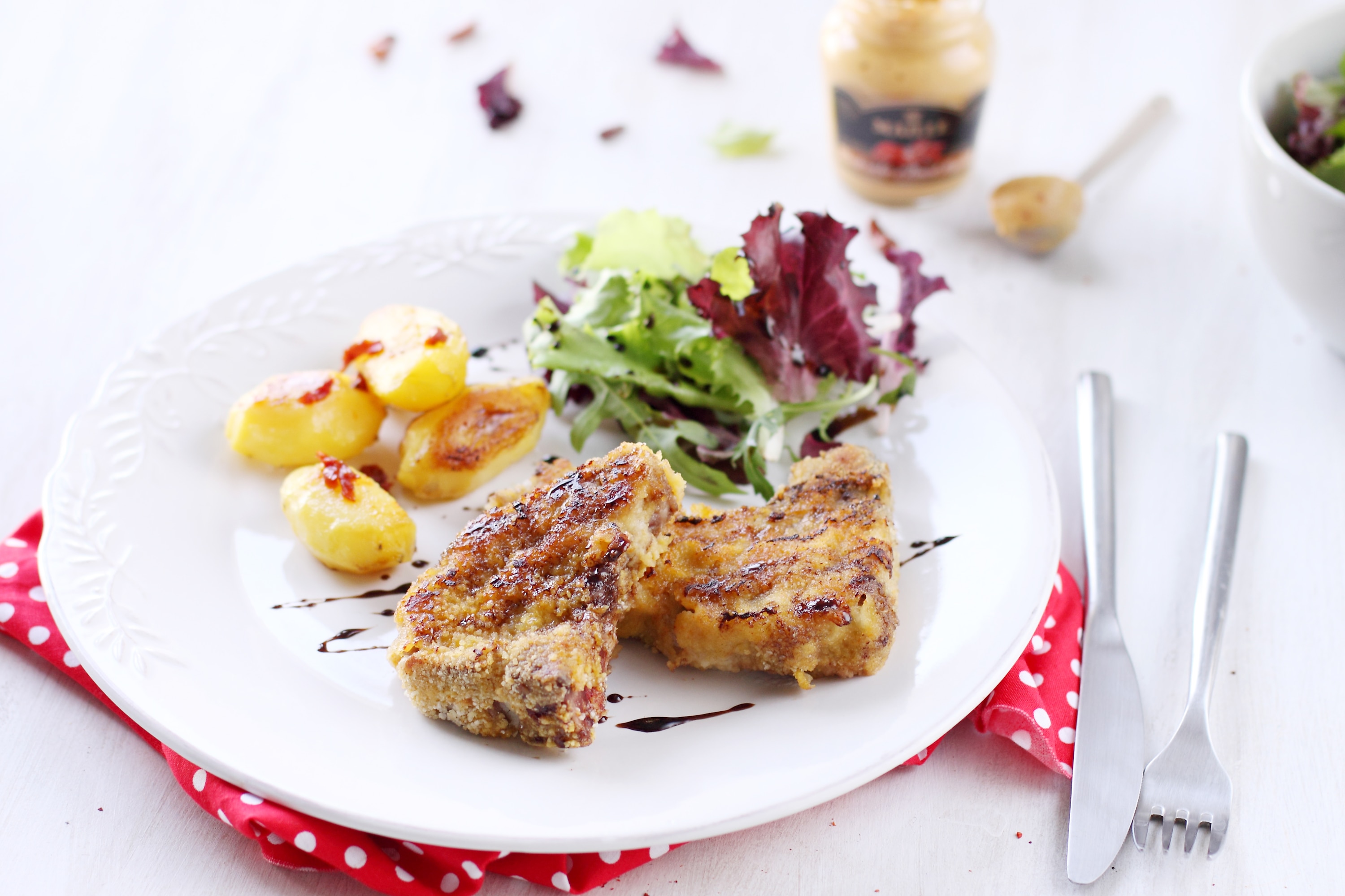 Crusted Lamb Chops with Potatoes and Mesclun Salad