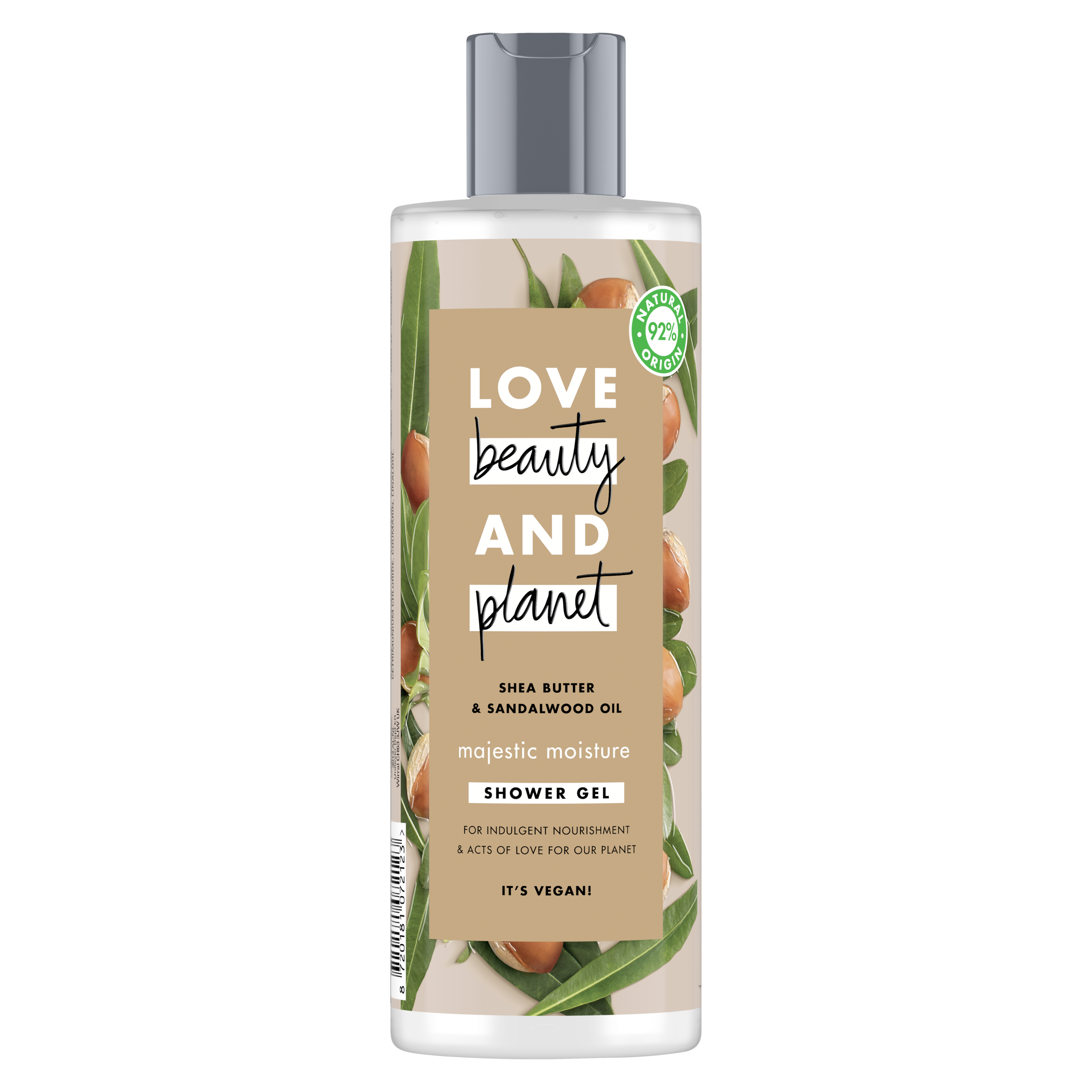 Voorkant douchegelverpakking Love Beauty Planet sheaboter & sandelhout douchegel hoogstaande hydratatie 100 ml
