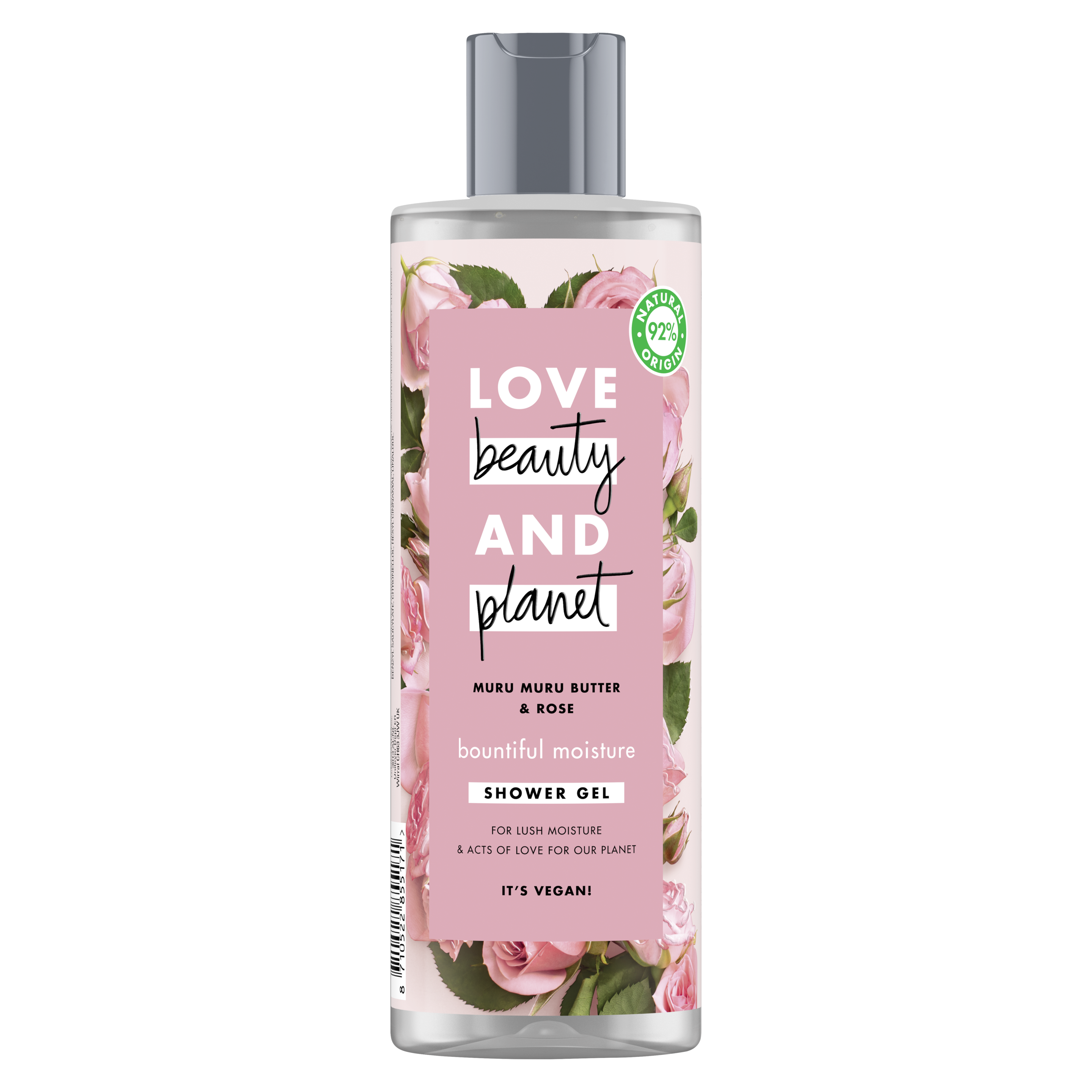 Voorkant douchegelverpakking Love Beauty Planet muru muru-boter & roos douchegel  heerlijke hydratatie 400 ml