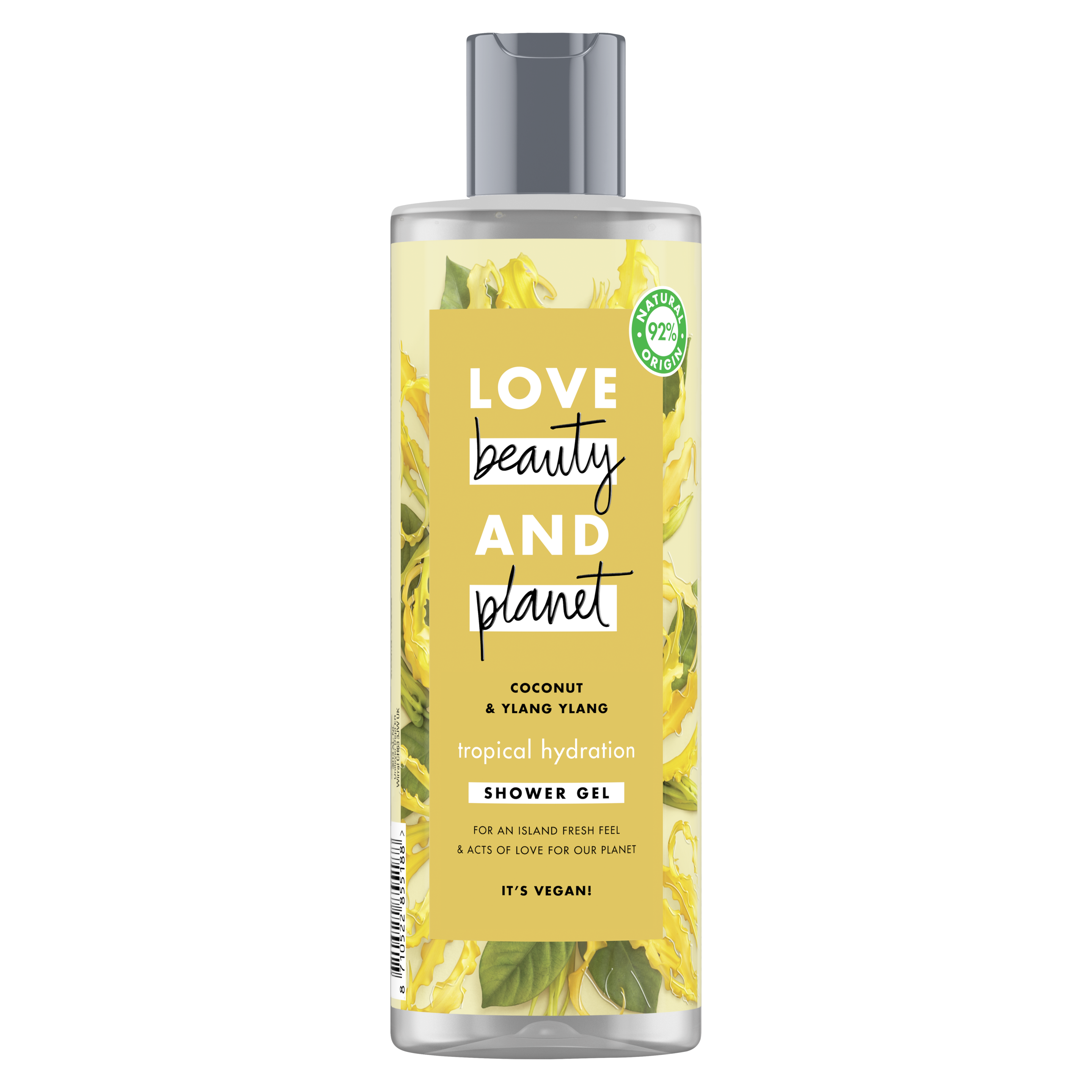 Achterkant douchegelverpakking Love Beauty Planet kokosolie & ylang-ylang douchegel tropische hydratatie 400 ml