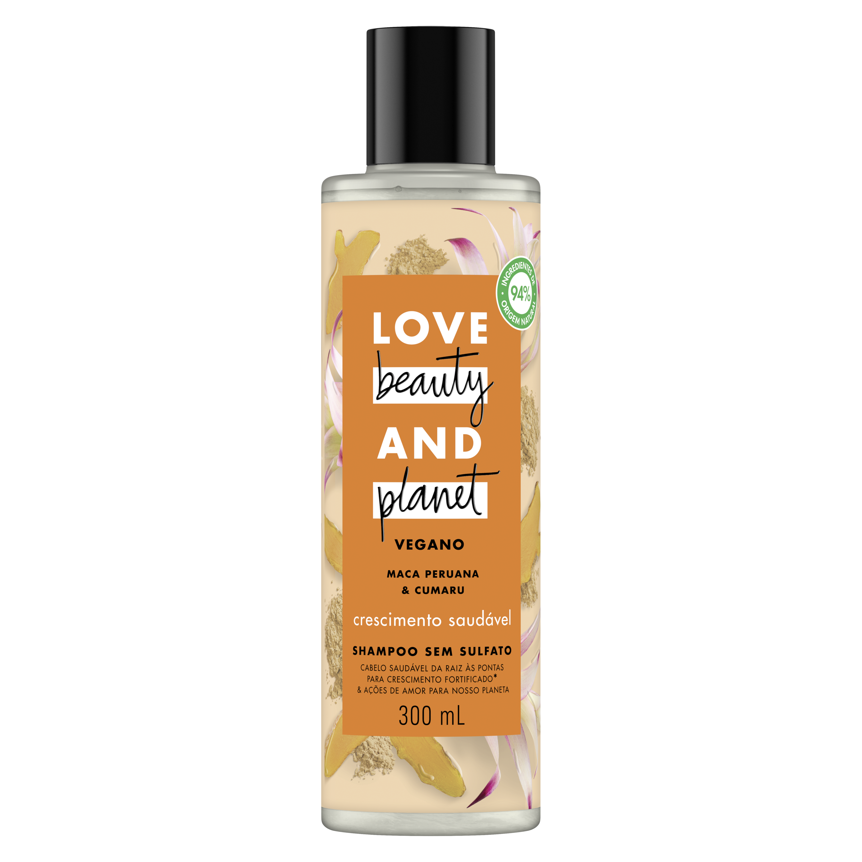 Frente da embalagem do shampoo Love Beauty and Planet maca peruana e cumaru 300 ml