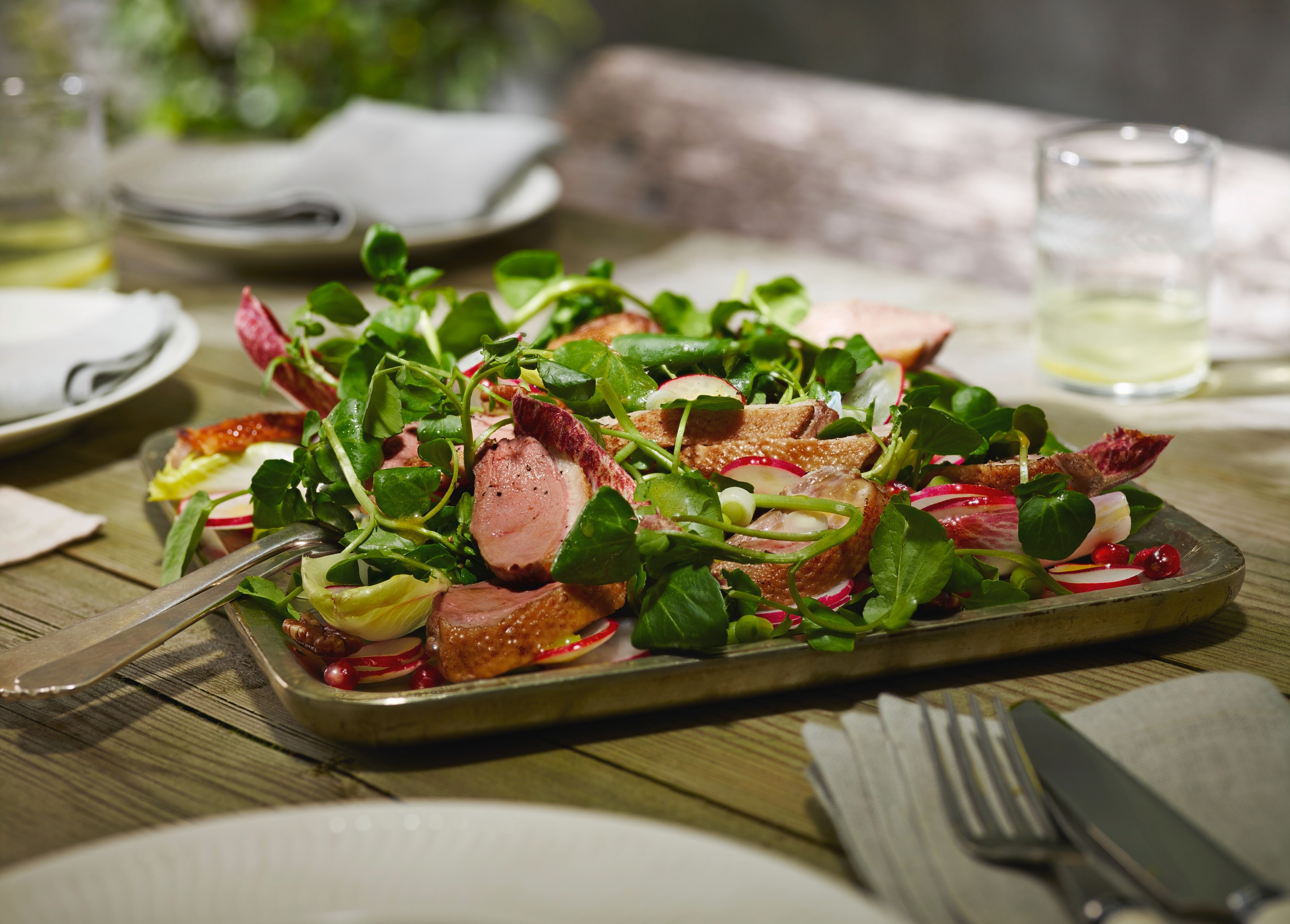 Duck, Chicory and Pomegranate Salad with Caramelised Pecans and a Maille dressing