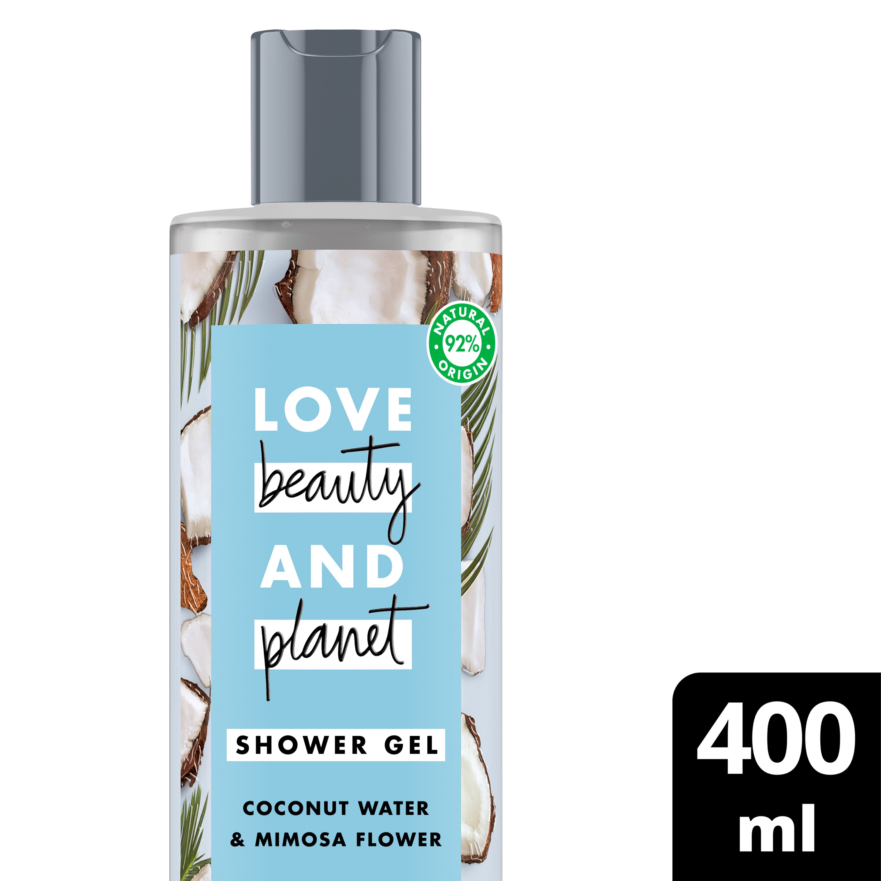 Voorkant douchegelverpakking Love Beauty Planet kokoswater & mimosabloem douchegel verfijnde verfrissing 400 ml