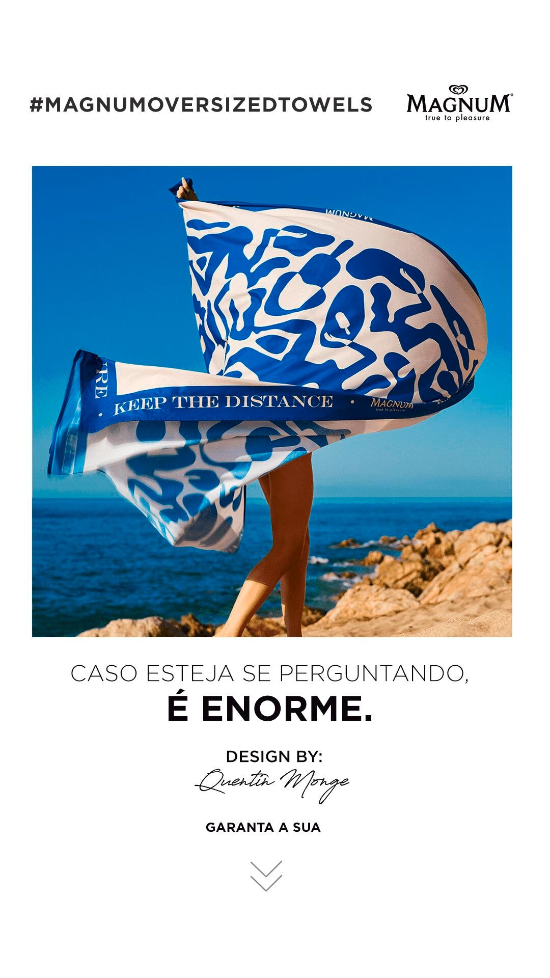 Foto da toalha projetada por Quentin Monge. Abaixo, a frase: Caso esteja se perguntando, é enorme. Seta para baixo indicando um botão para garantir a sua toalha.