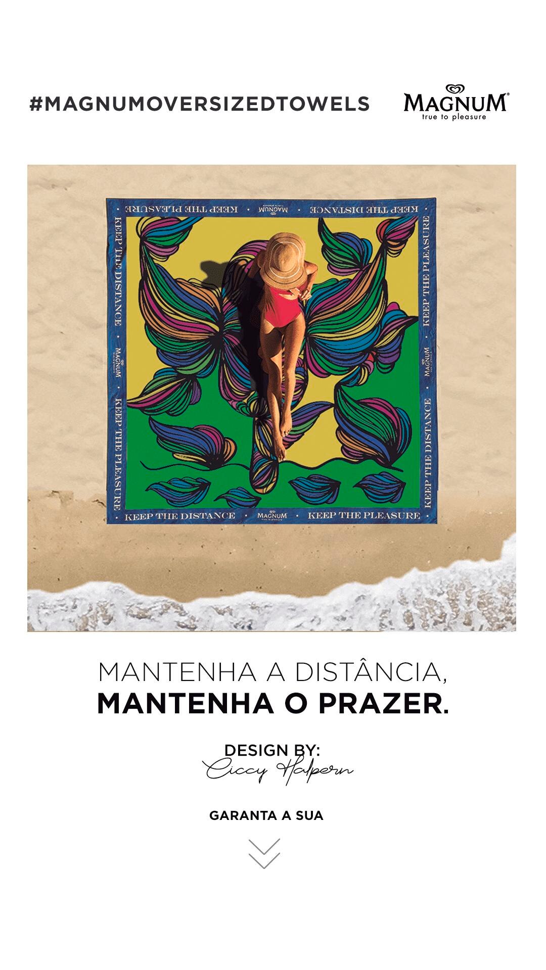 Foto da toalha projetada por Ciccy Halpern. Abaixo, a frase: Mantenha a distância, mantenha o prazer. Seta para baixo indicando um botão para garantir a sua toalha.