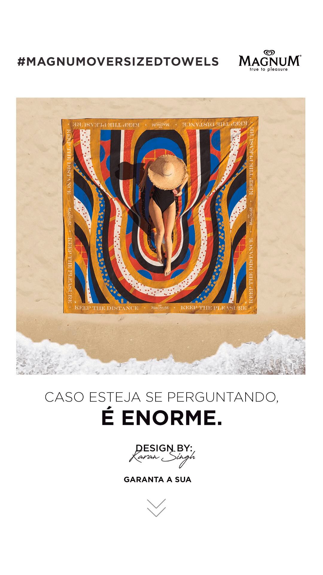 Foto da toalha projetada por Karan Singh. Abaixo, a frase: Caso esteja se perguntando, é enorme. Seta para baixo indicando um botão para garantir a sua toalha.