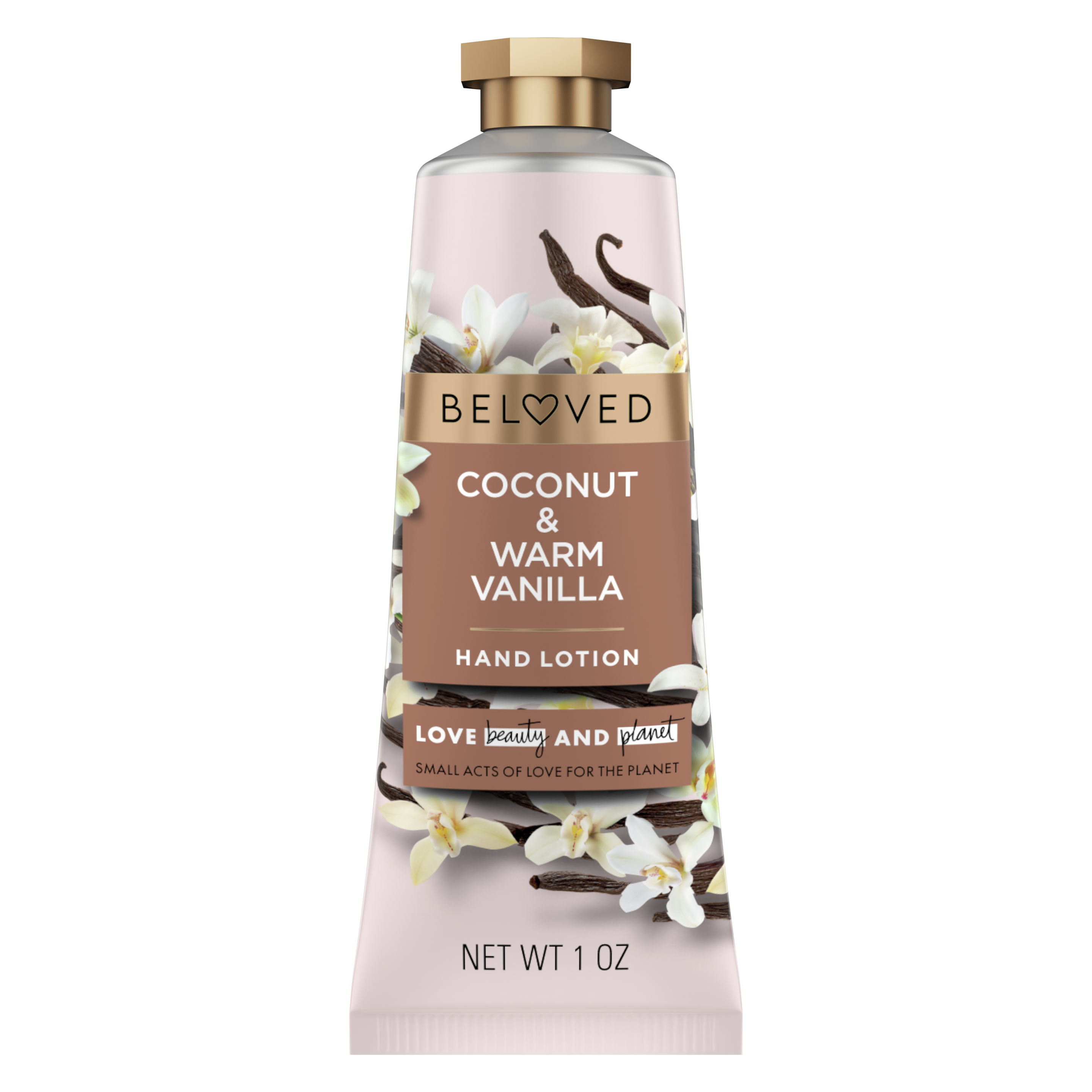 Front of hand lotion pack Love Beauty Planet Coconut & Warm Vanilla Flower Hand Lotion