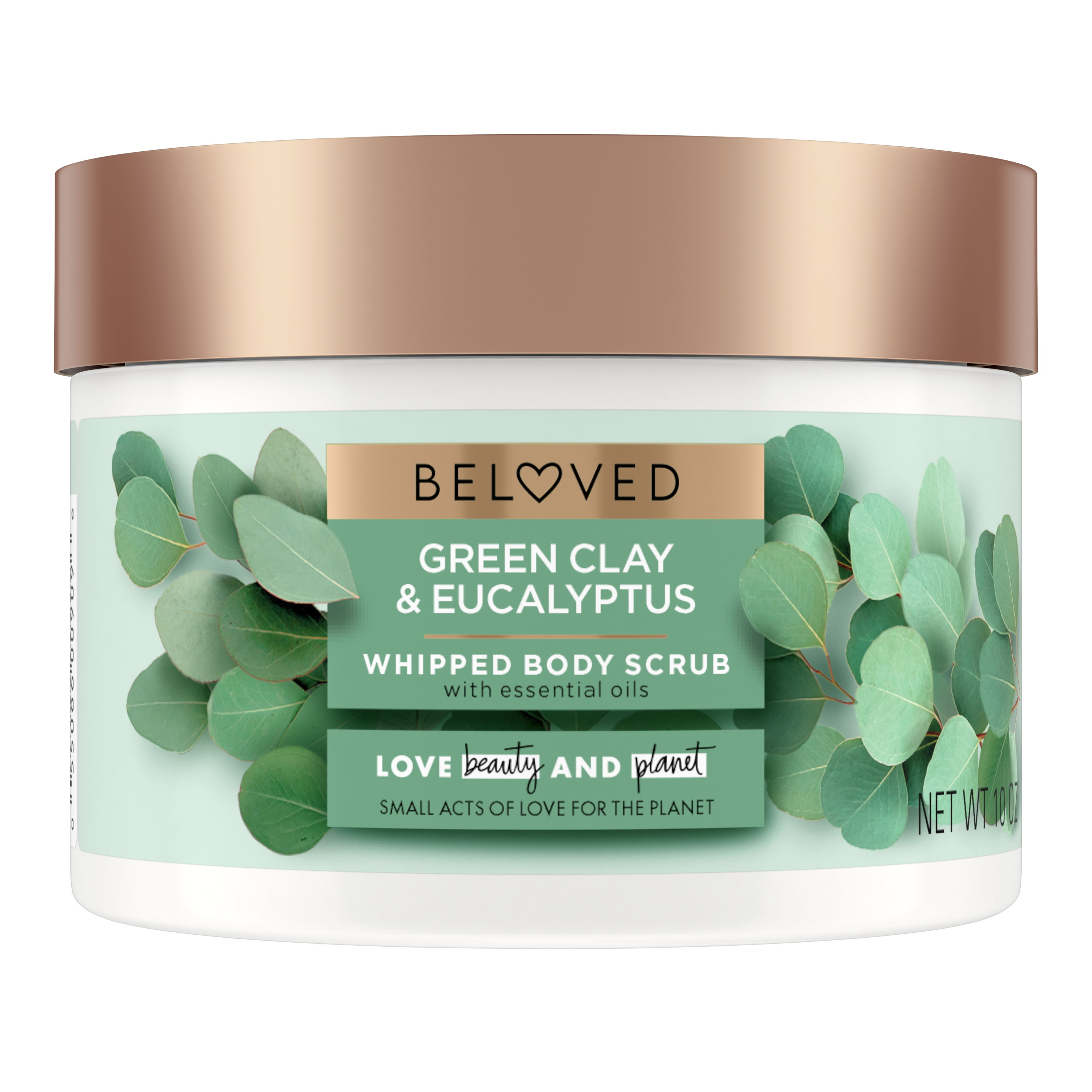 Front of body scrub pack Love Beauty Planet Green Clay & Eucalyptus Whipped Body Scrub