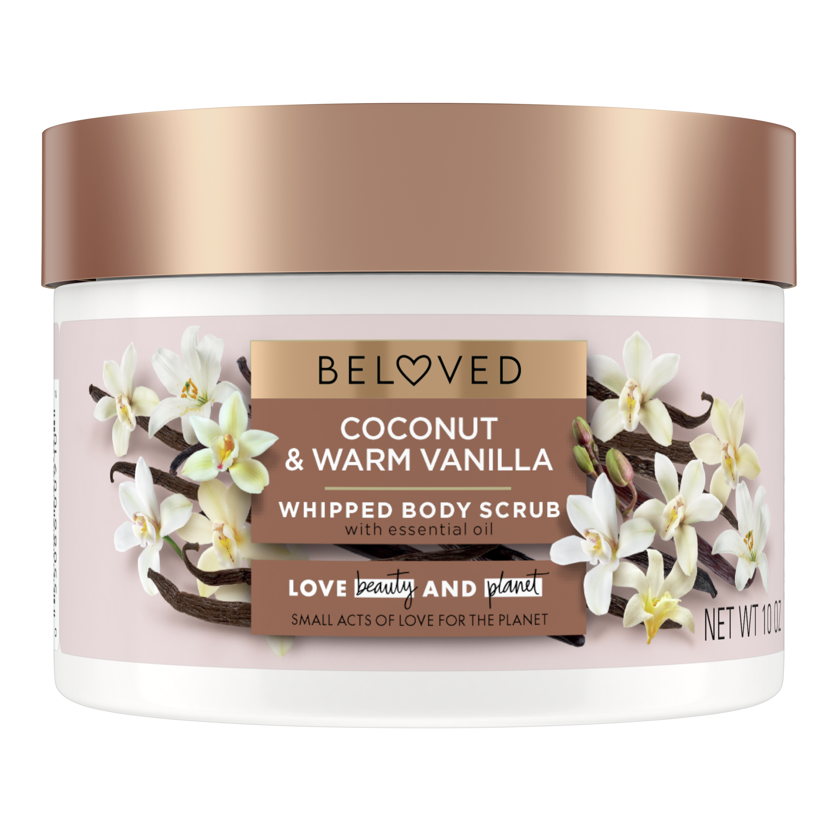 Front of body scrub pack Love Beauty Planet Coconut & Warm Vanilla Whipped Body Scrub
