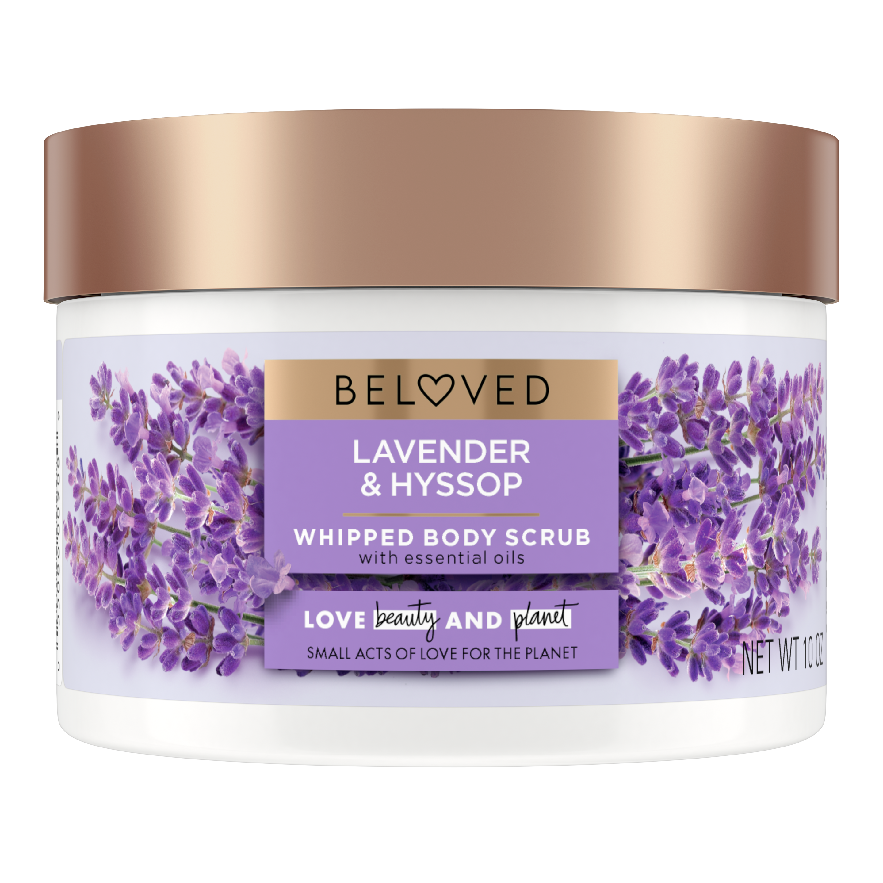 Front of body scrub pack Love Beauty Planet Lavender & Hyssop Flower Whipped Body Scrub
