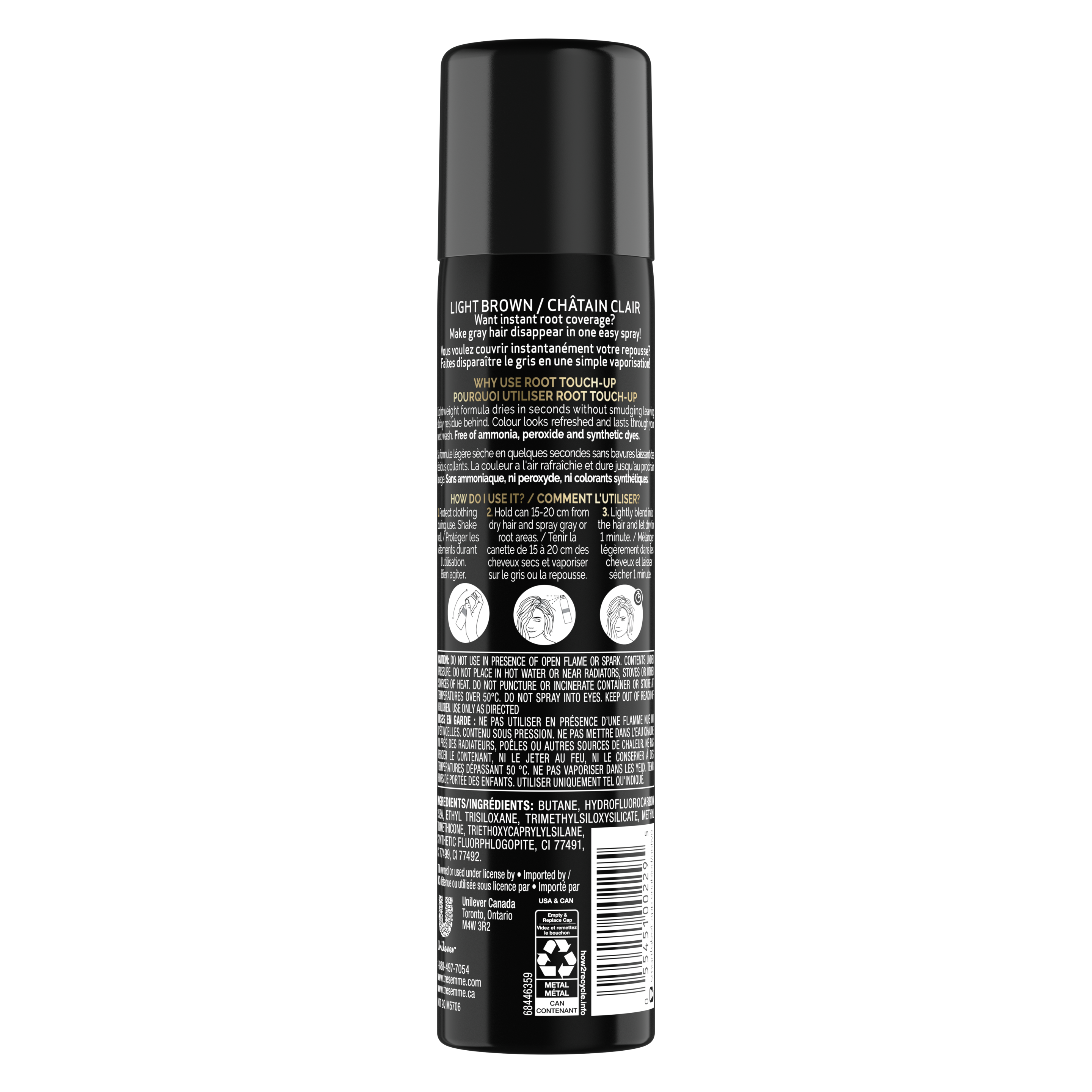 TRESemmé Root Touch Up Spray for Light Brown Hair 70.8g back of pack