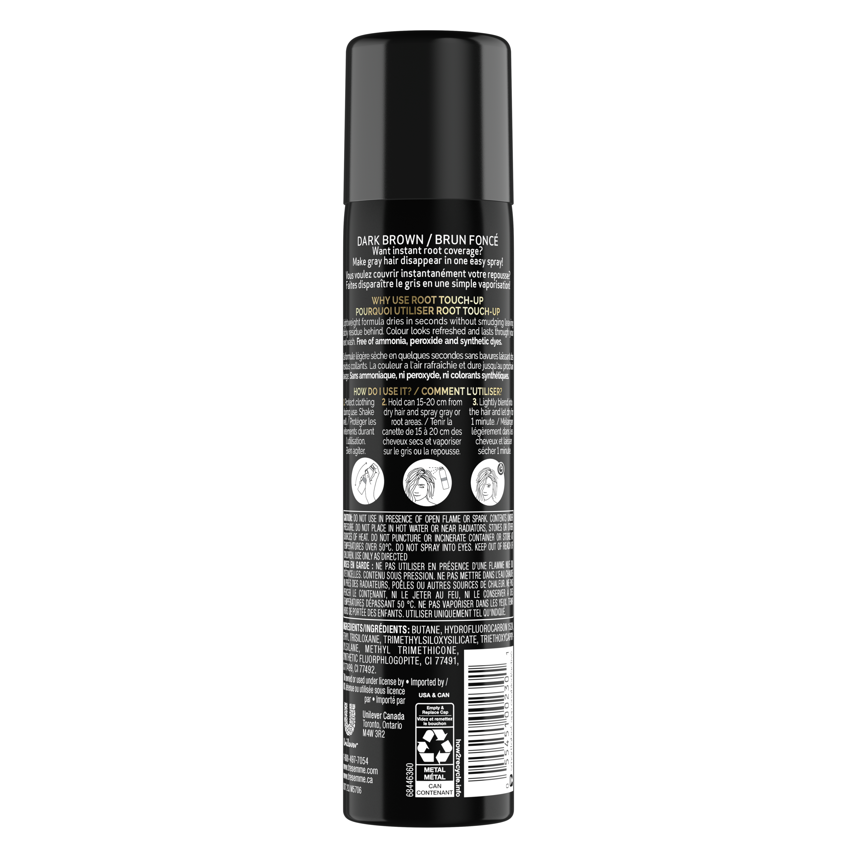 TRESemmé Root Touch Up Spray for Dark Brown Hair 70.8g back of pack