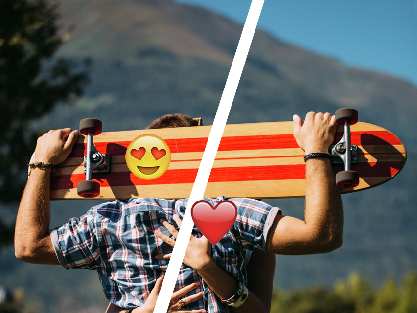 Kille som håller sin skateboard bakom huvudet med emojis på ryggen