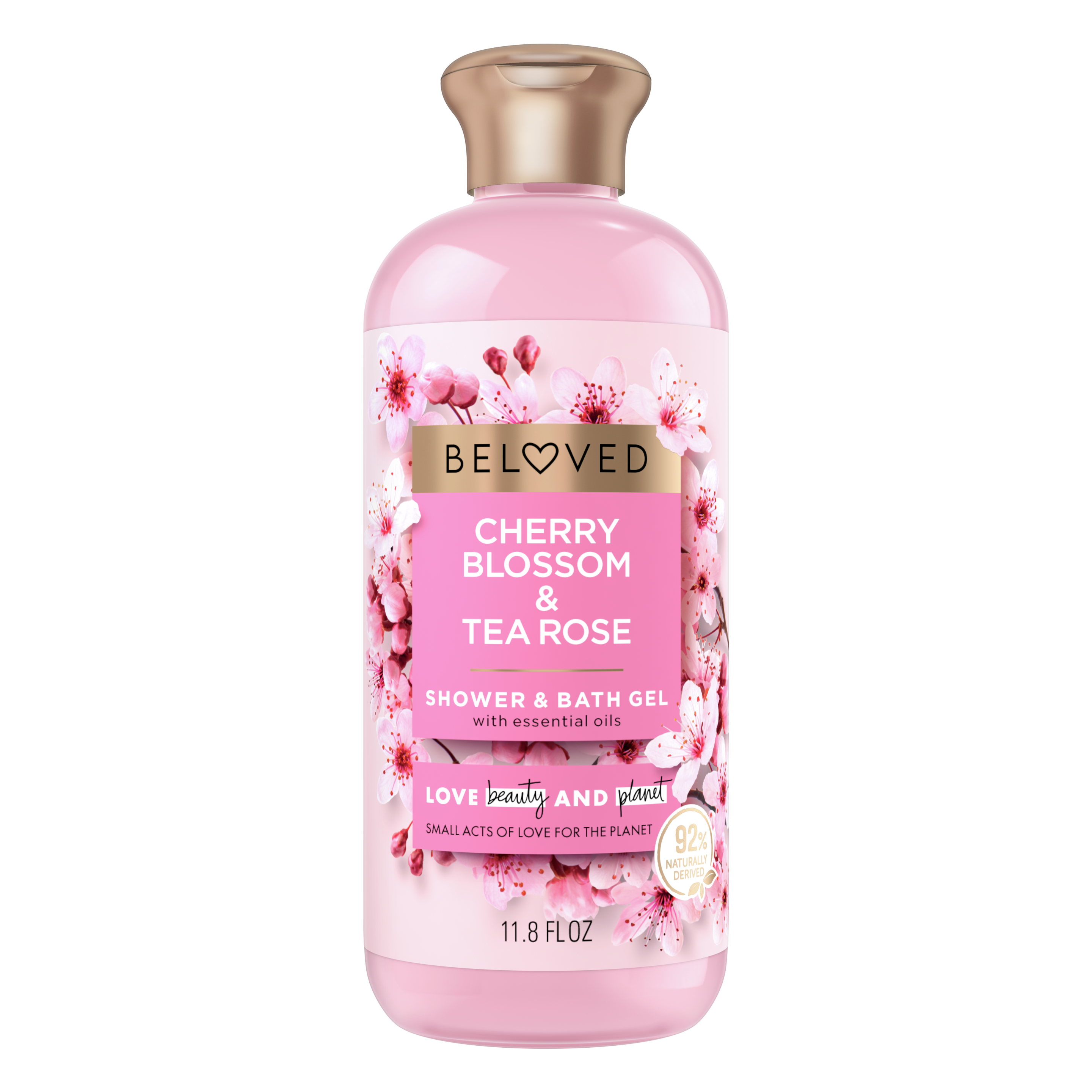 Front of shower and bath gel pack Love Beauty Planet Cherry Blossom & Tea Rose Shower and Bath Gel