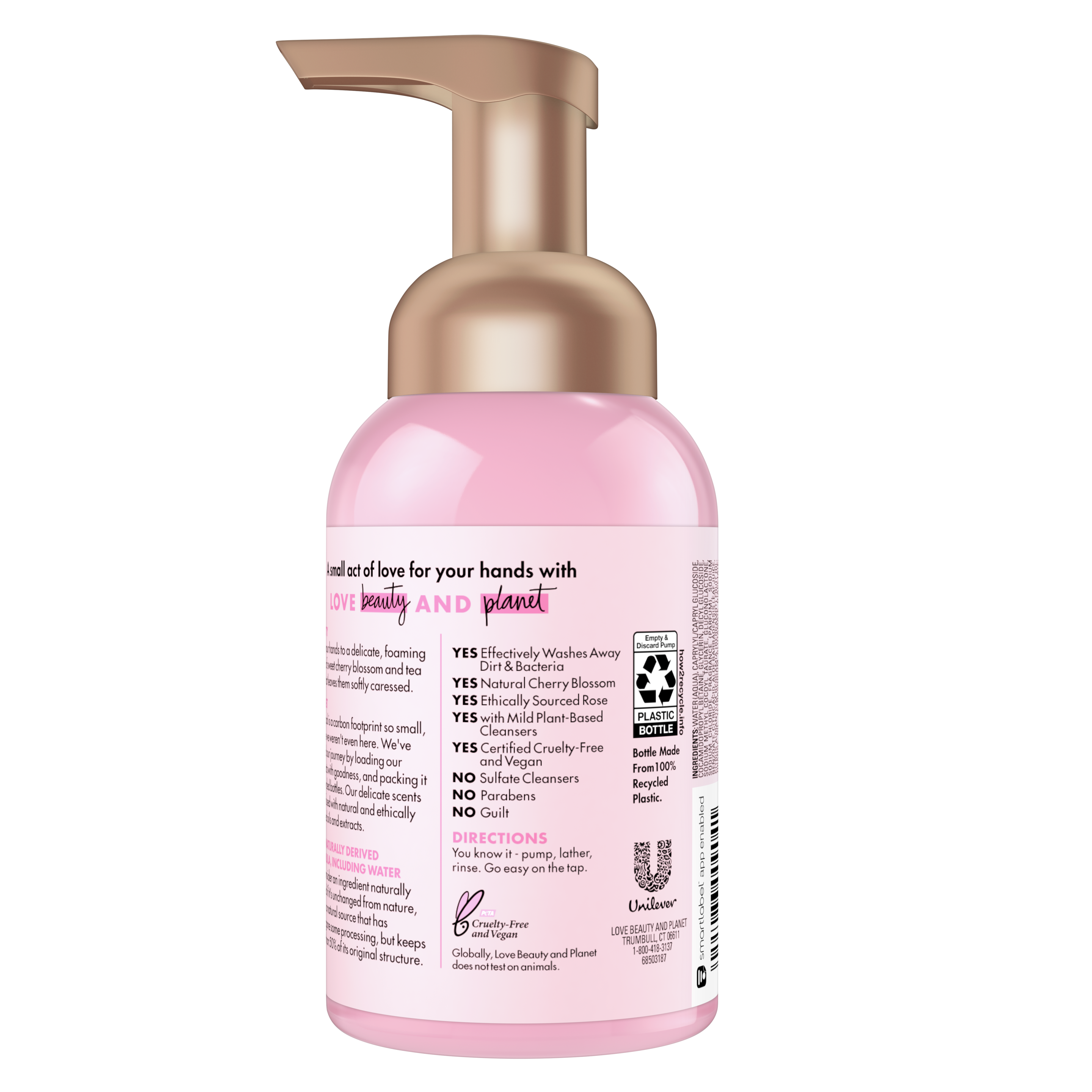 Back of foaming hand wash pack Love Beauty Planet Cherry Blossom & Tea Rose Foaming Hand Wash