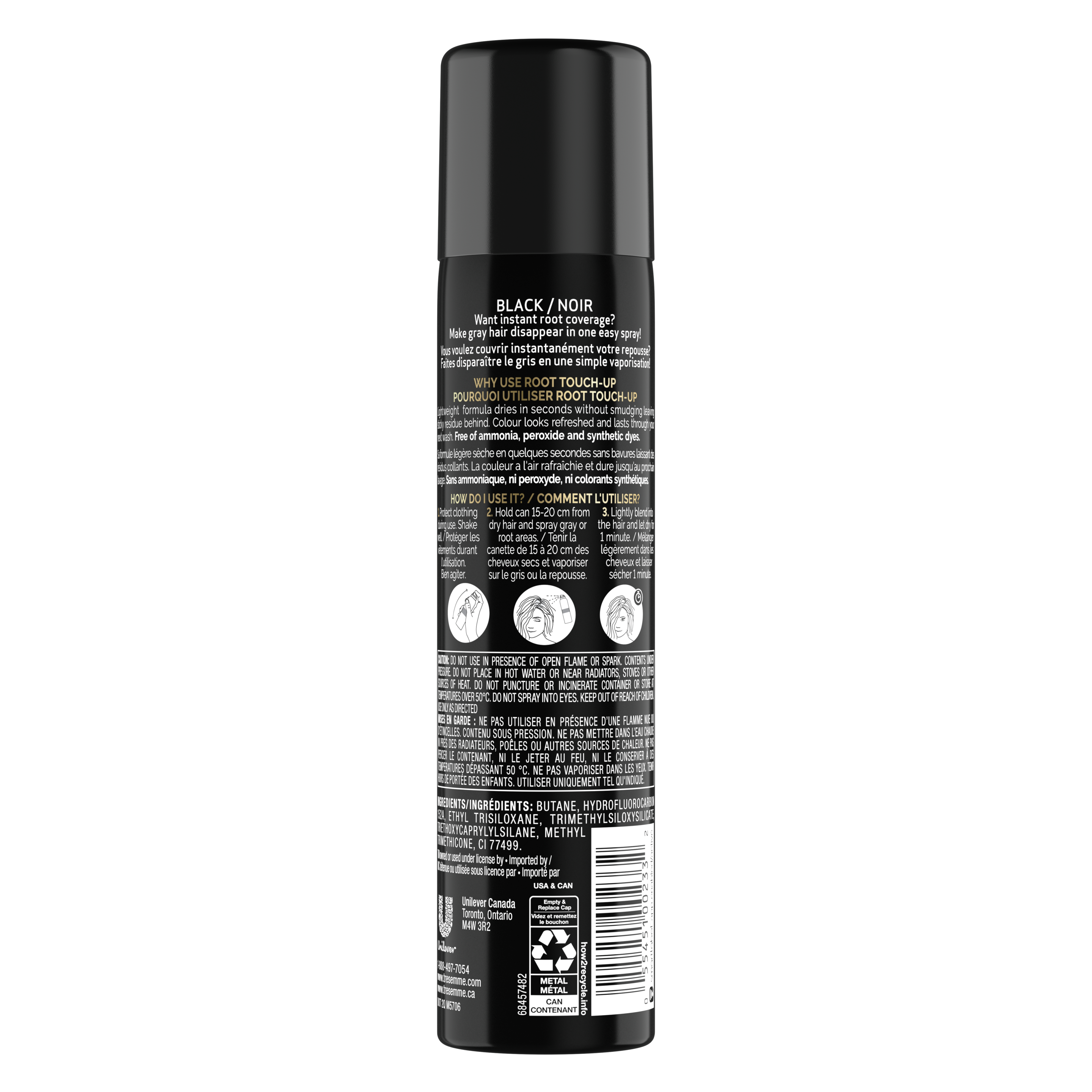image du derrière de la bouteille de TRESemmé® Root Touch Up Spray for Black Hair 70.8g
