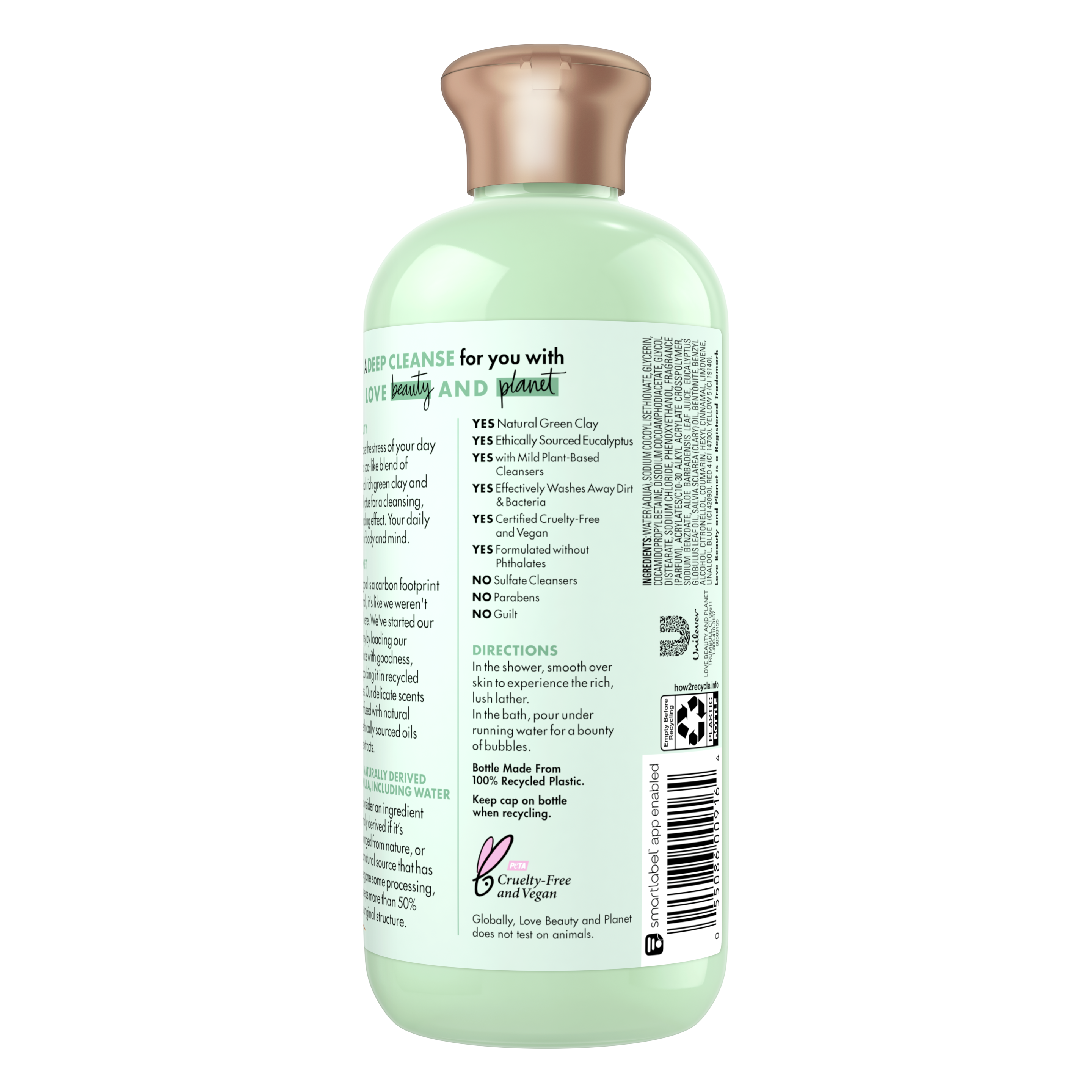 Back of shower and bath gel pack Love Beauty Planet Green Clay & Eucalyptus Shower and Bath Gel