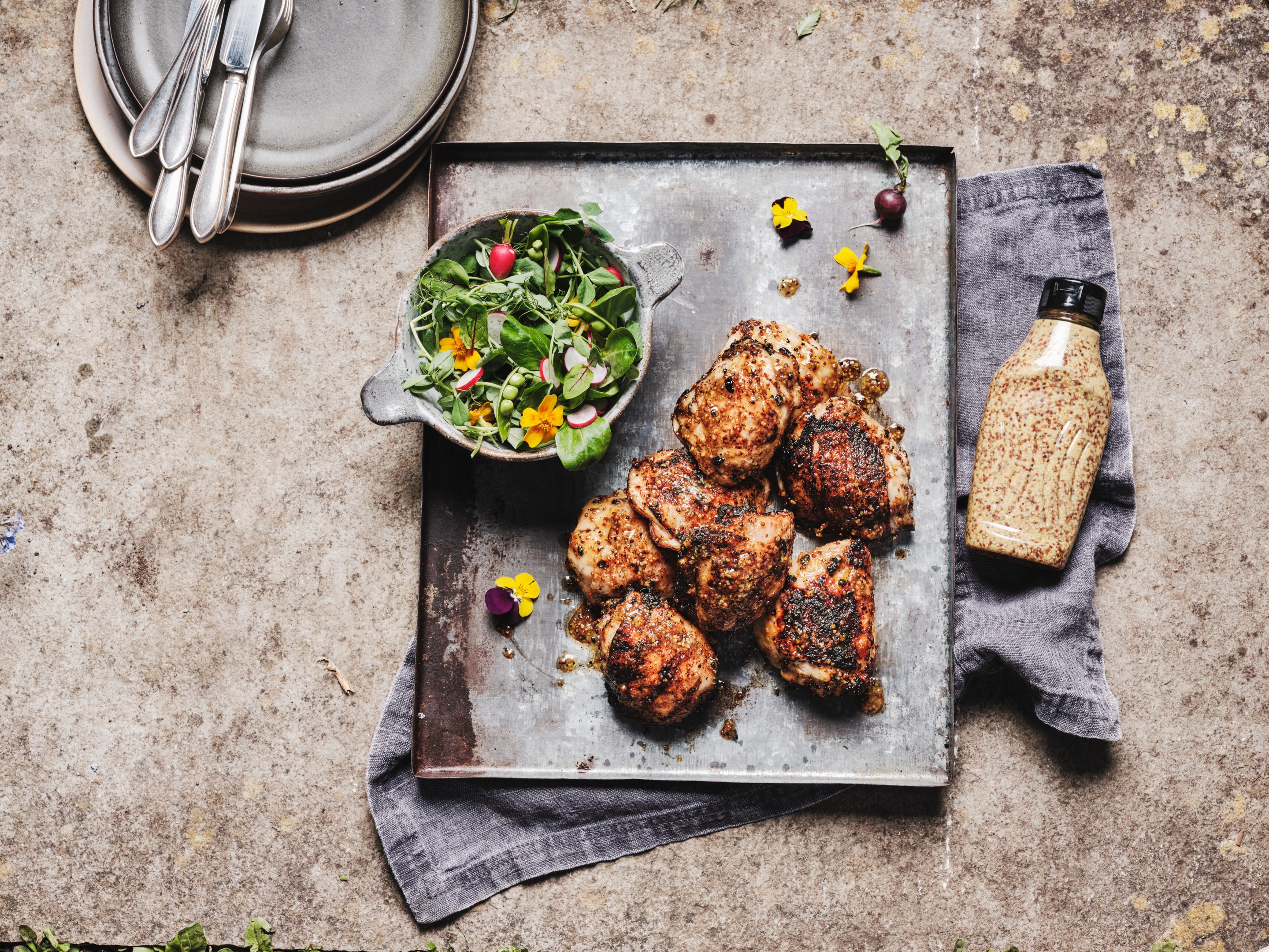 Charred Chicken thighs with Whole Grain Mustard Marinade
