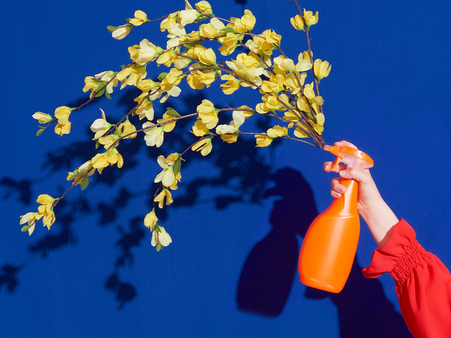 Orange flaska som sprayar blommor mot blå bakgrund