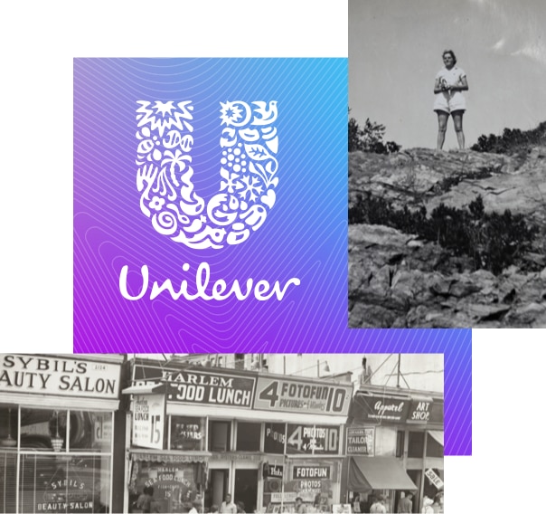 Imágenes en blanco y negro de una mujer y un escaparate, y el logotipo de Unilever.