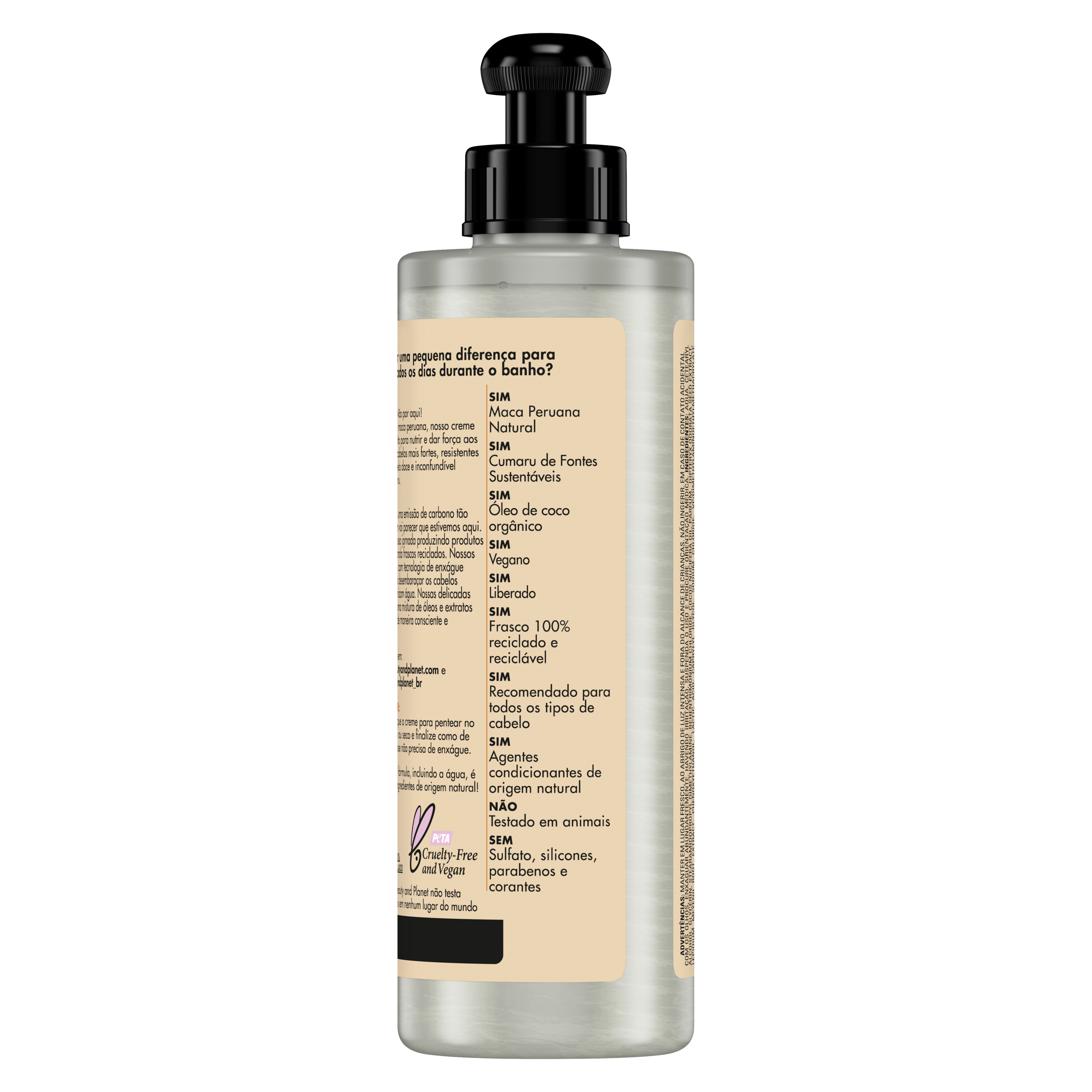 Parte de trás de frasco do creme para pentear LBP lado esquerdo no fundo branco