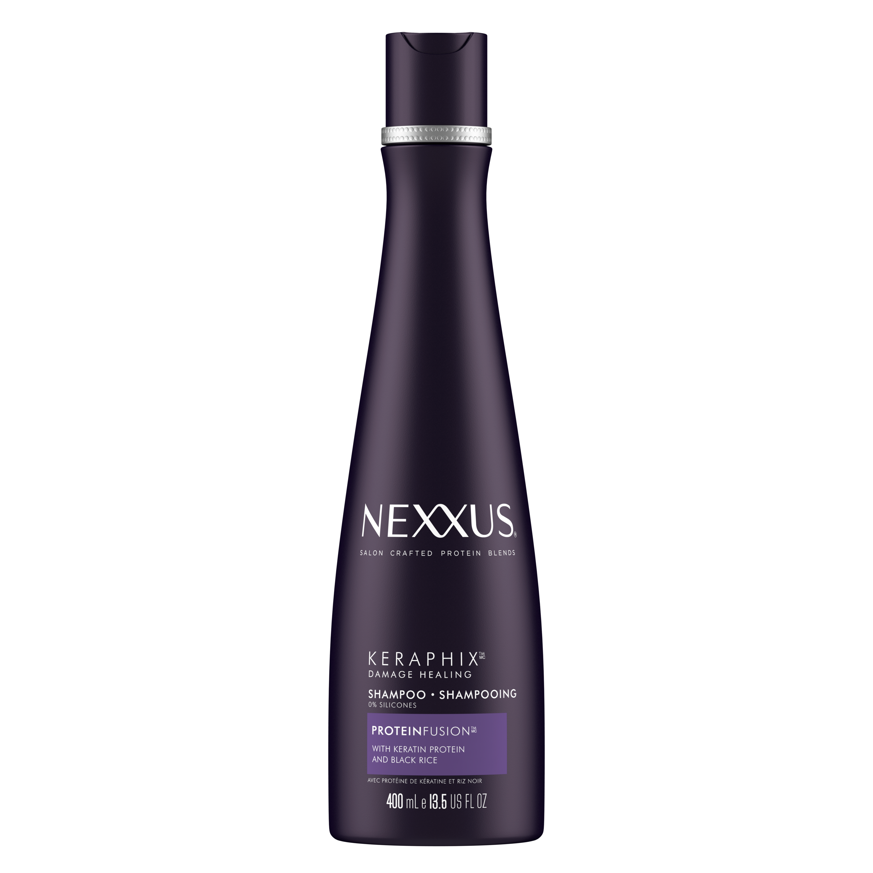 Front of shampoo pack Nexxus Keraphix shampoo for damagaed hair 400ml