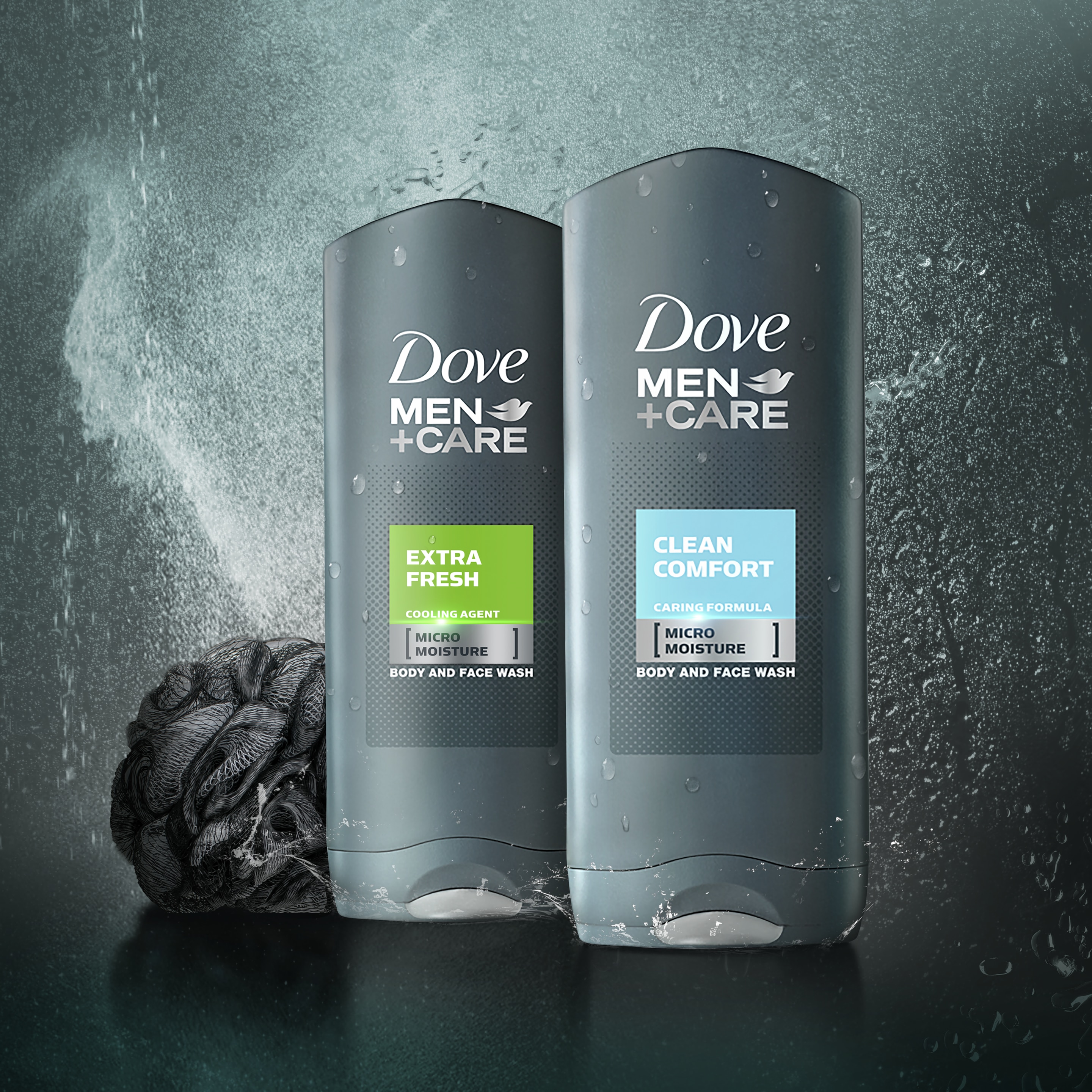 A scrub, serum, shampoo, conditioner and spray lined up side-by-side