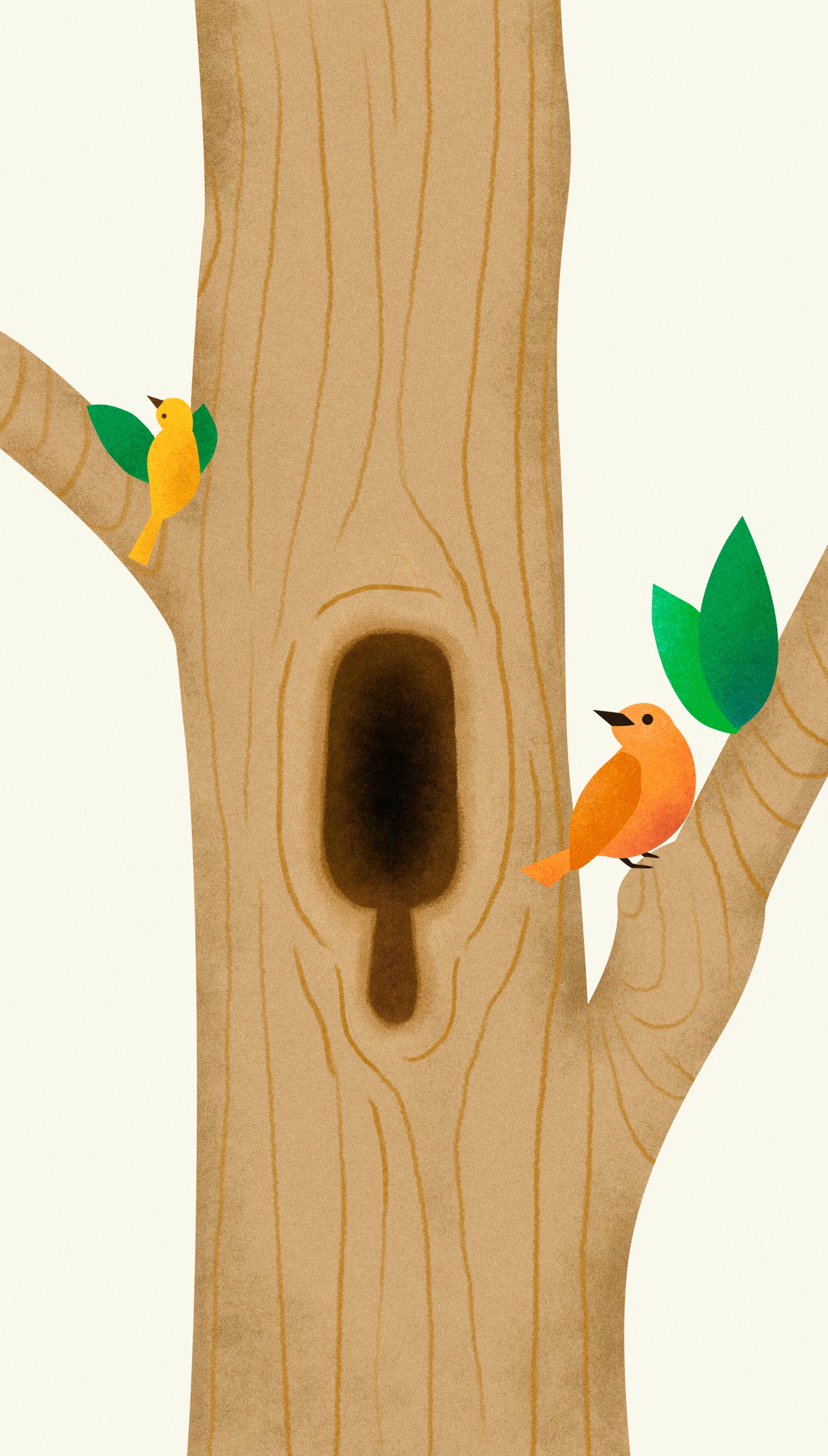 Ilustración de un pájaro en una rama de árbol junto a un agujero en forma de Magnum en el tronco del árbol
