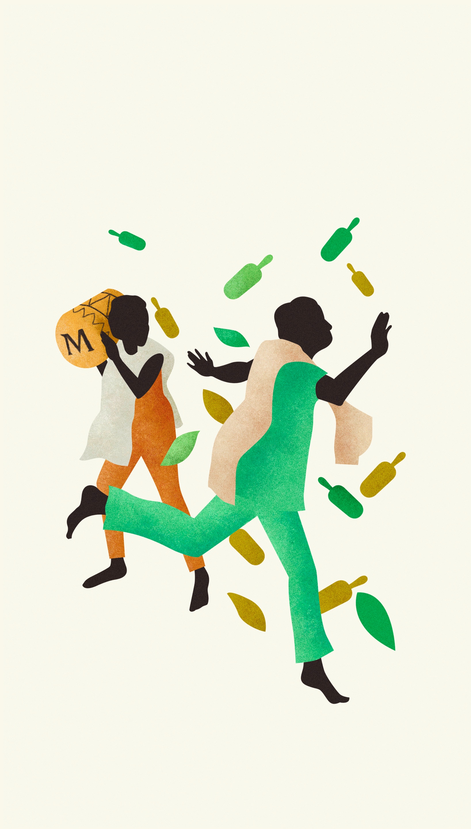 Illustration von zwei tanzenden Personen und fallenden grünen Magnums und Blättern.