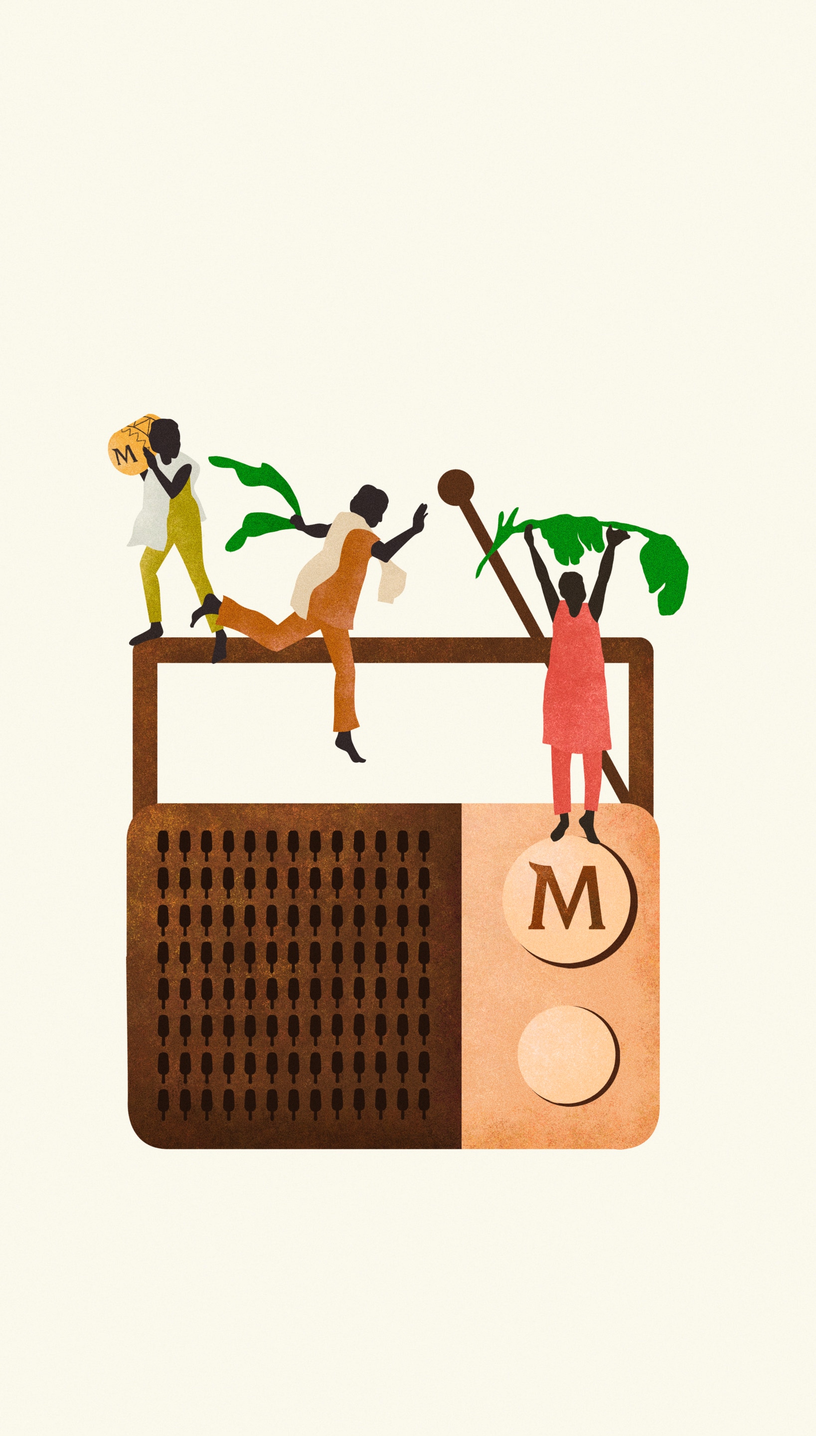 Ilustration of a large old style Magnum branded radio, with three people dancing and interacting with large green leaves.