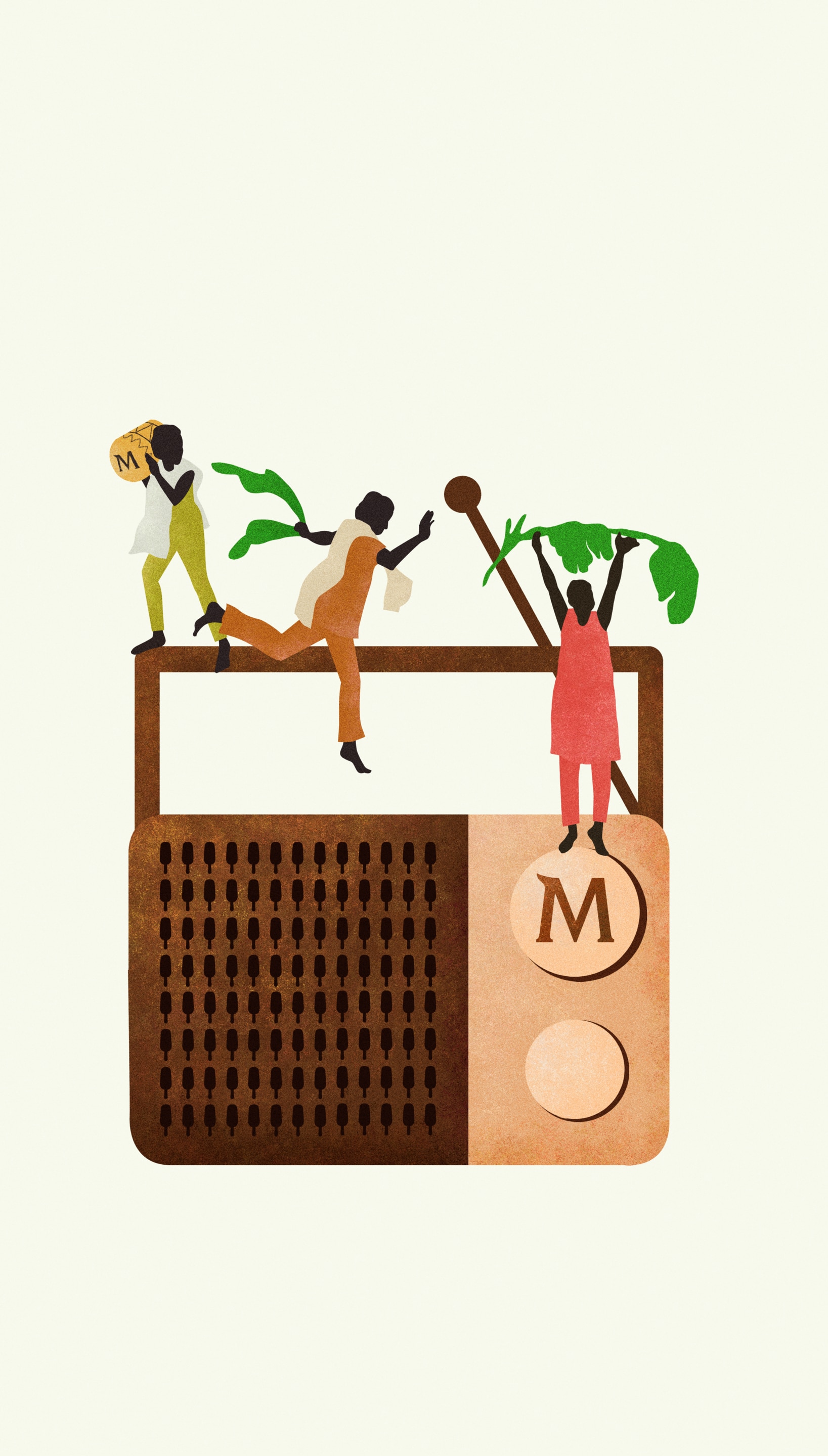 Illustration av en gammal radio märkt med Magnum-varumärket och tre personer som dansar och interagerar med stora gröna blad