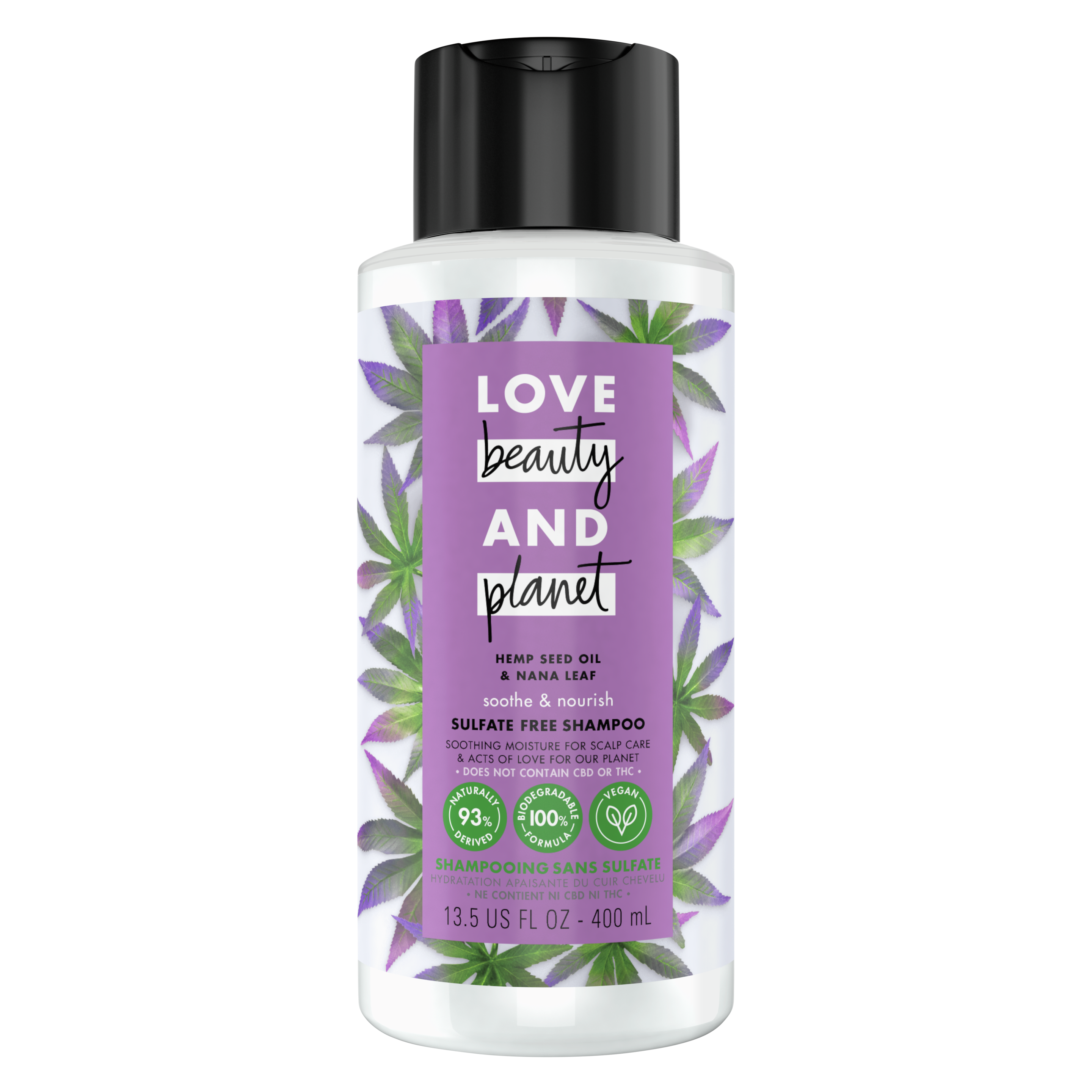 Front of shampoo pack Love Beauty and Planet Hemp Seed Oil & Nana Leaf