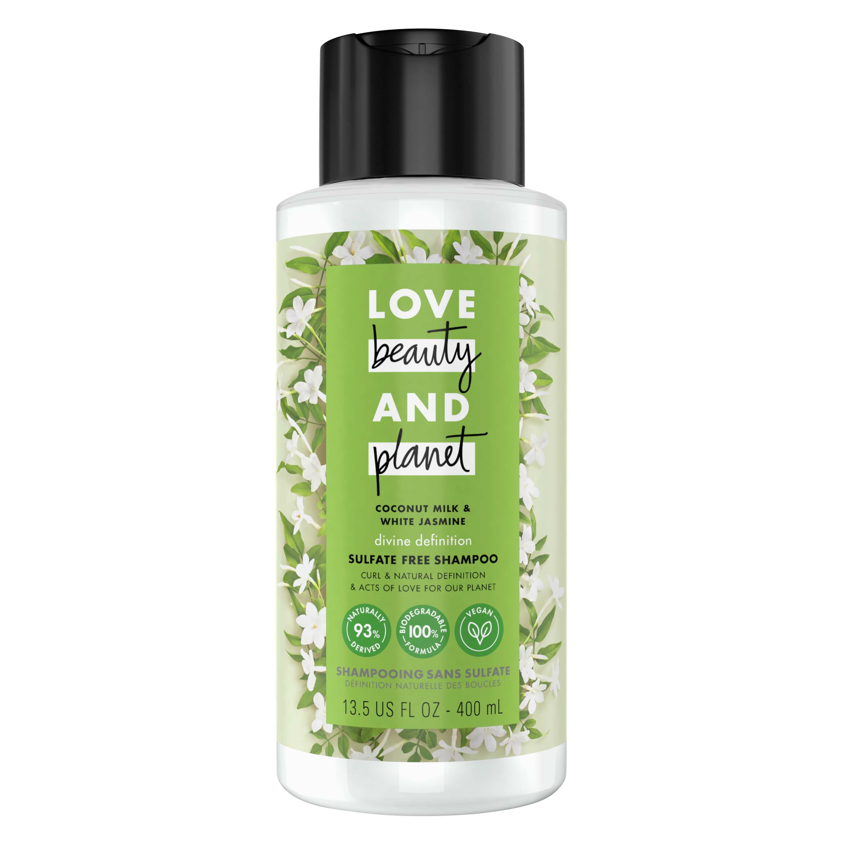 Front of shampoo pack Love Beauty Planet Sulfate Free Coconut Milk & White Jasmine Shampoo Divine Definition 13.5oz