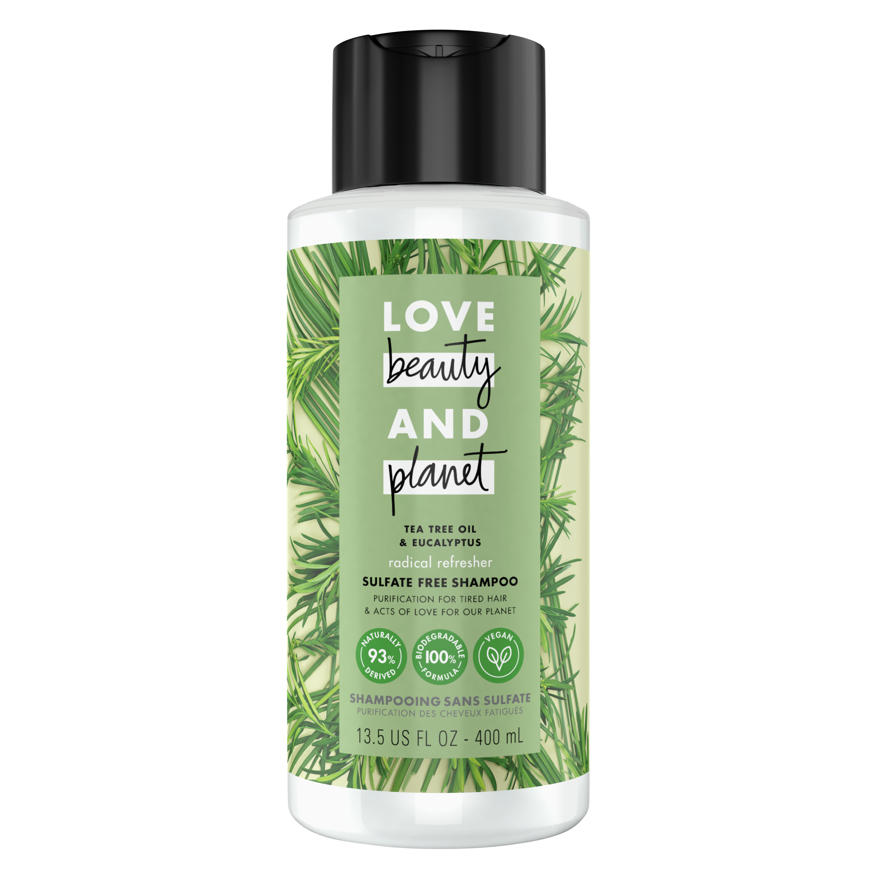 Front of shampoo pack Love Beauty Planet Sulfate Free Tea Tree Oil & Vetiver Shampoo Radical Refresher 13.5oz