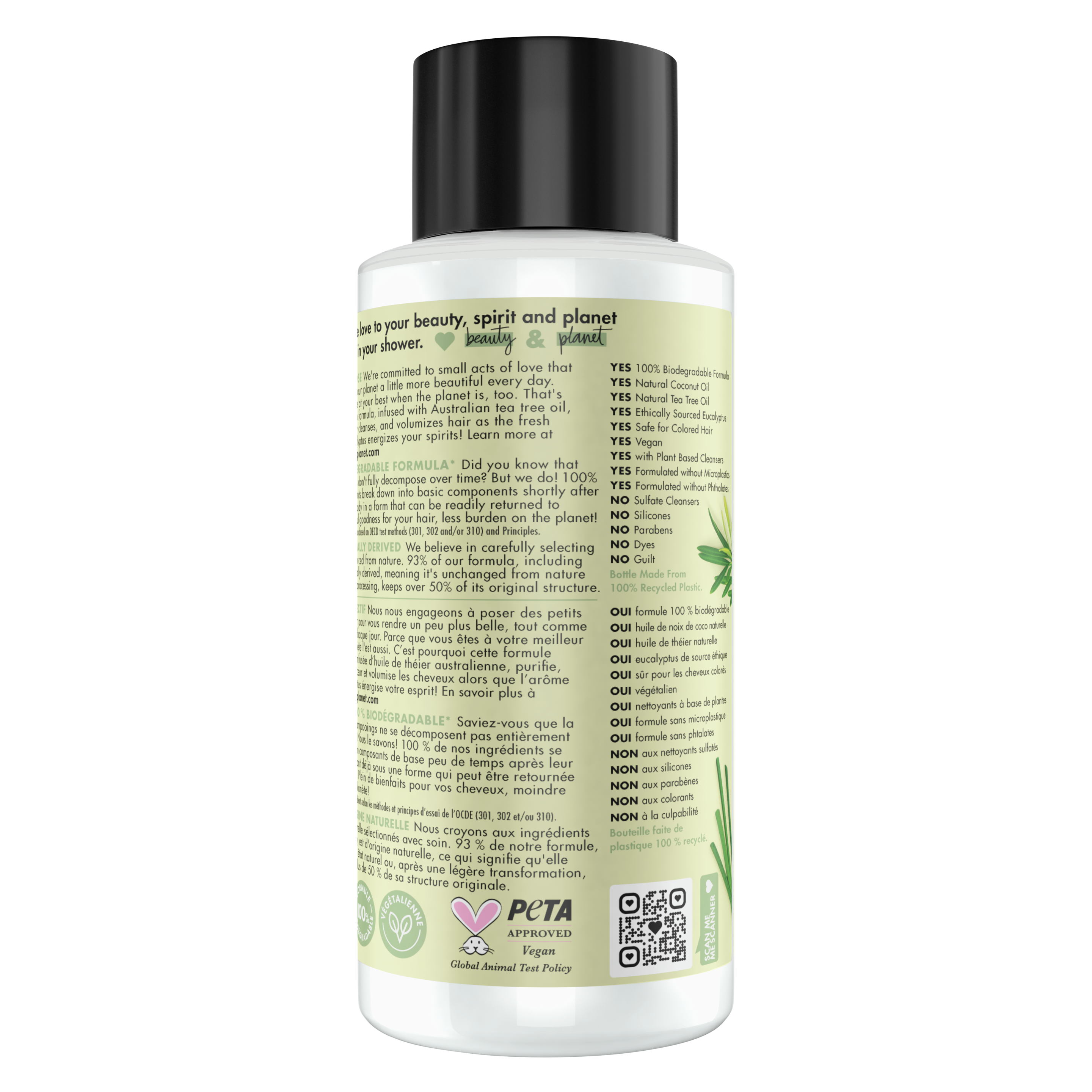 Back of shampoo pack Sulfate Free Love Beauty Planet Tea Tree Oil & Vetiver Shampoo Radical Refresher 13.5oz