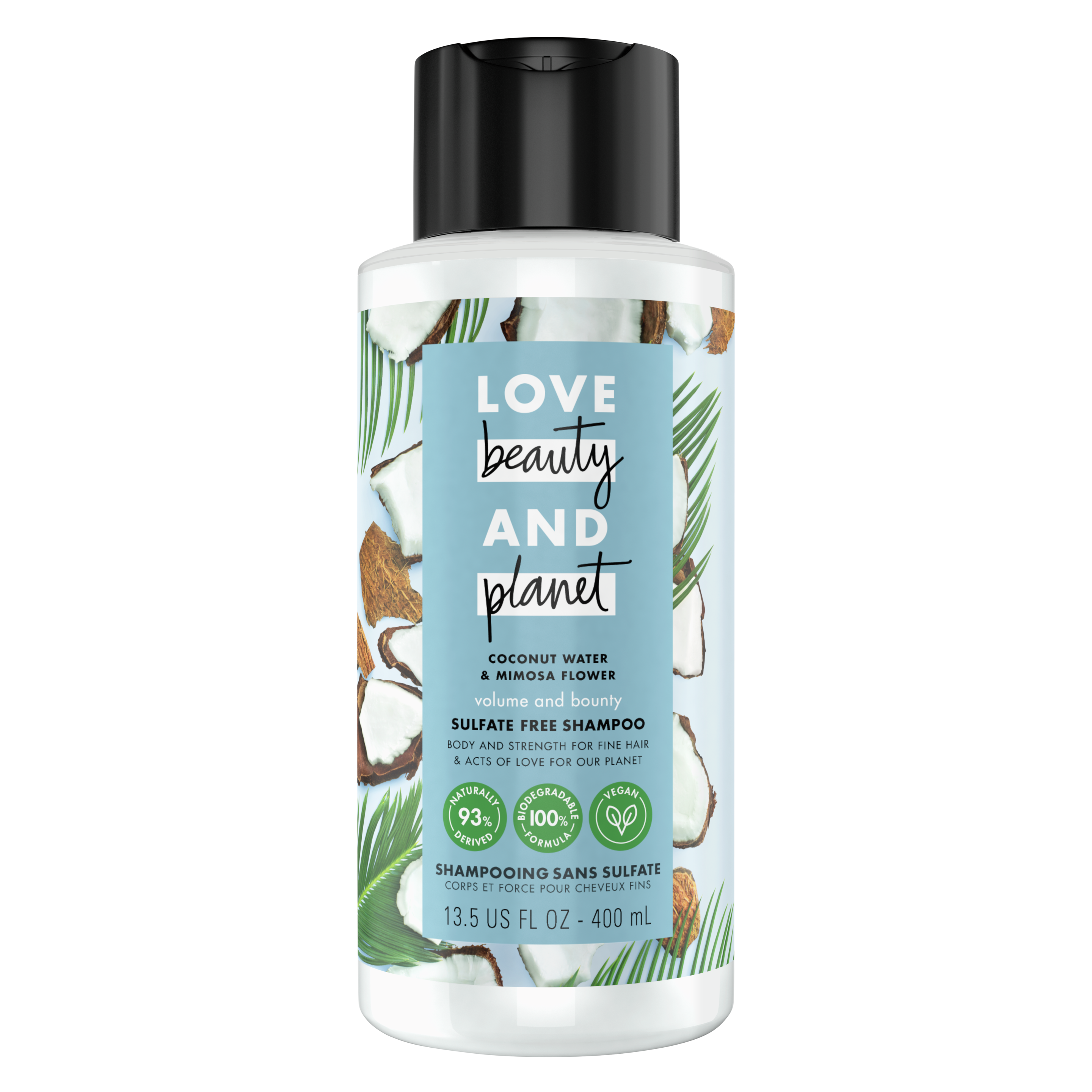 Front of shampoo pack Love Beauty Planet Sulfate Free Coconut Water & Mimosa Flower Shampoo Volume & Bounty 13.5oz