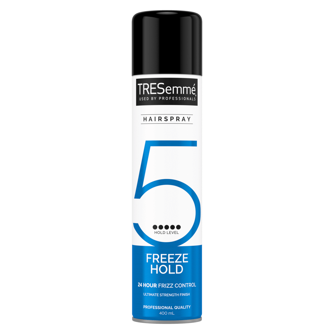 Billede på forsiden af pakken af en spraydåse med 400 ml TRESemmé Freeze Hold Hairspray